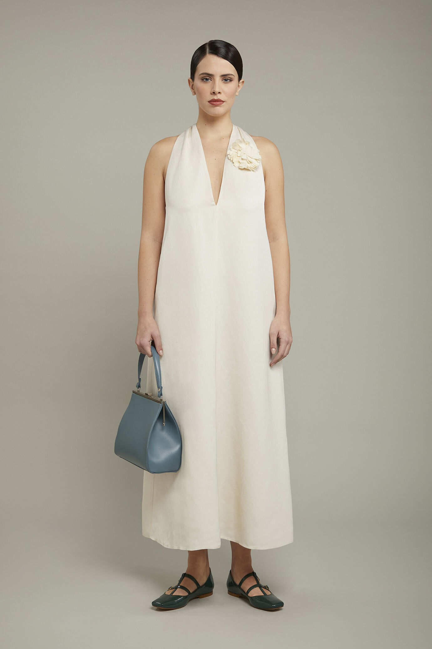 Abito midi donna con scollo a v misto lino image number 0