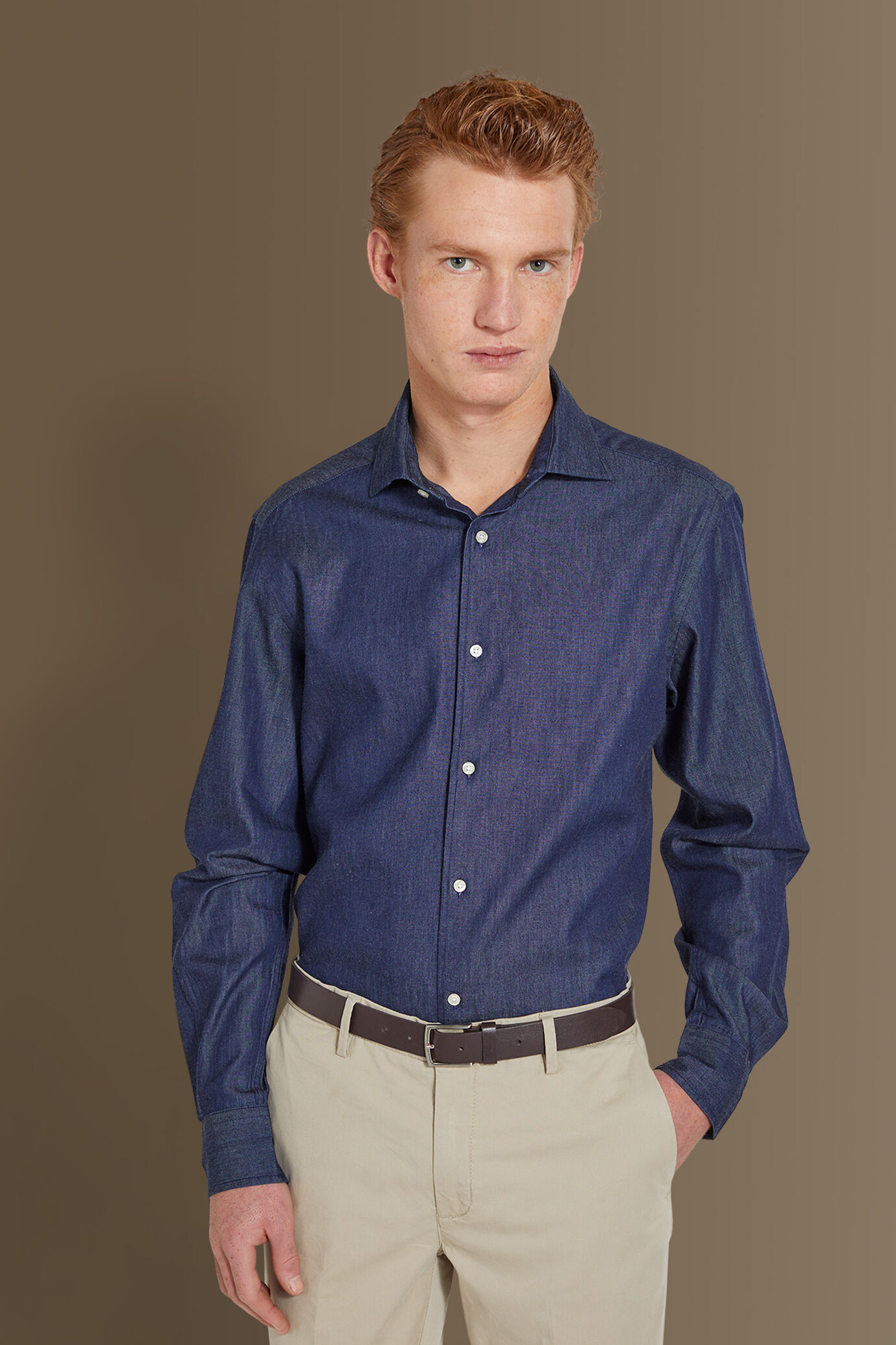 Camicia casual uomo collo francese tessuto jeans image number 2