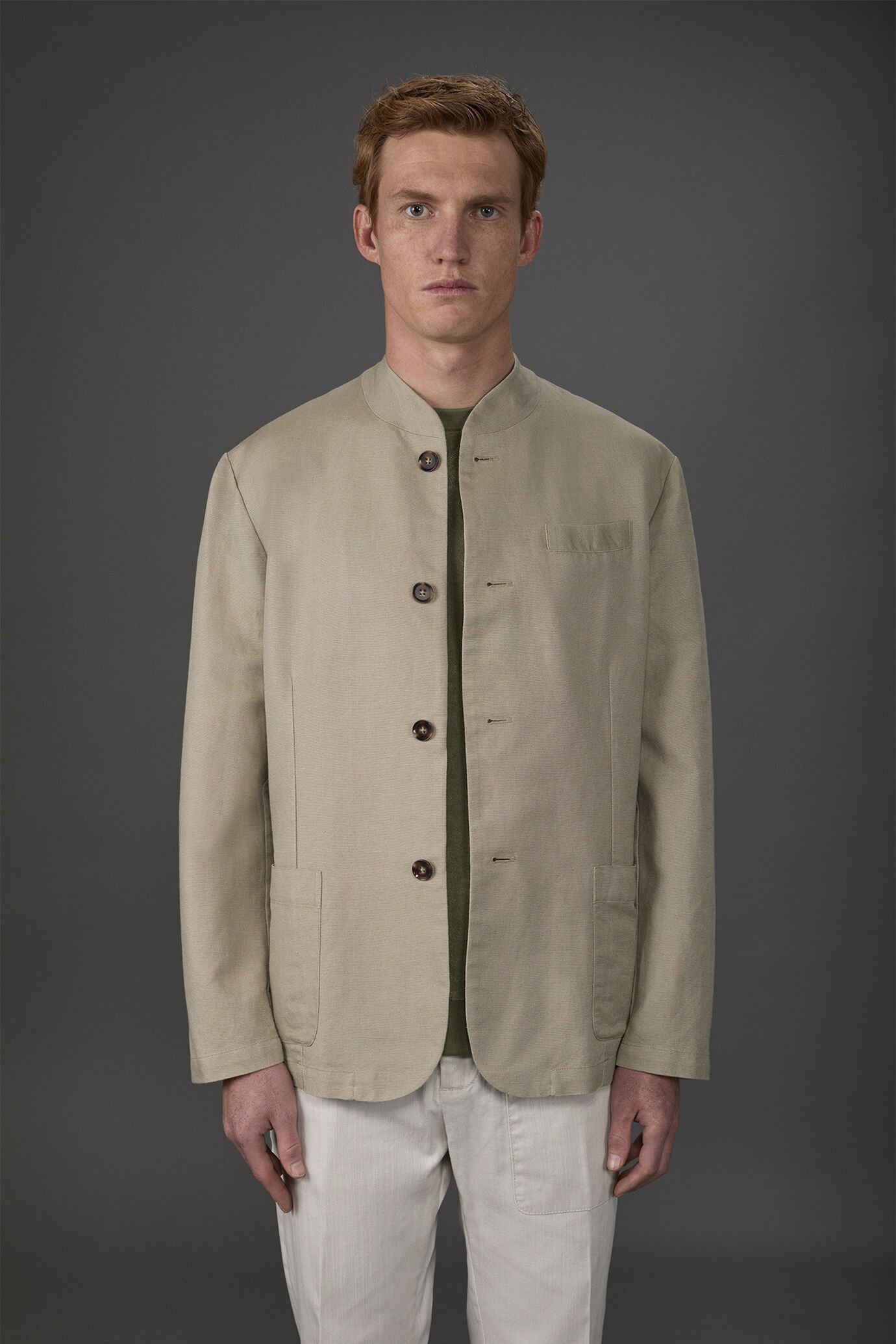 Men's unlined single-breasted jacket with mandarin collar linen and cotton blend
