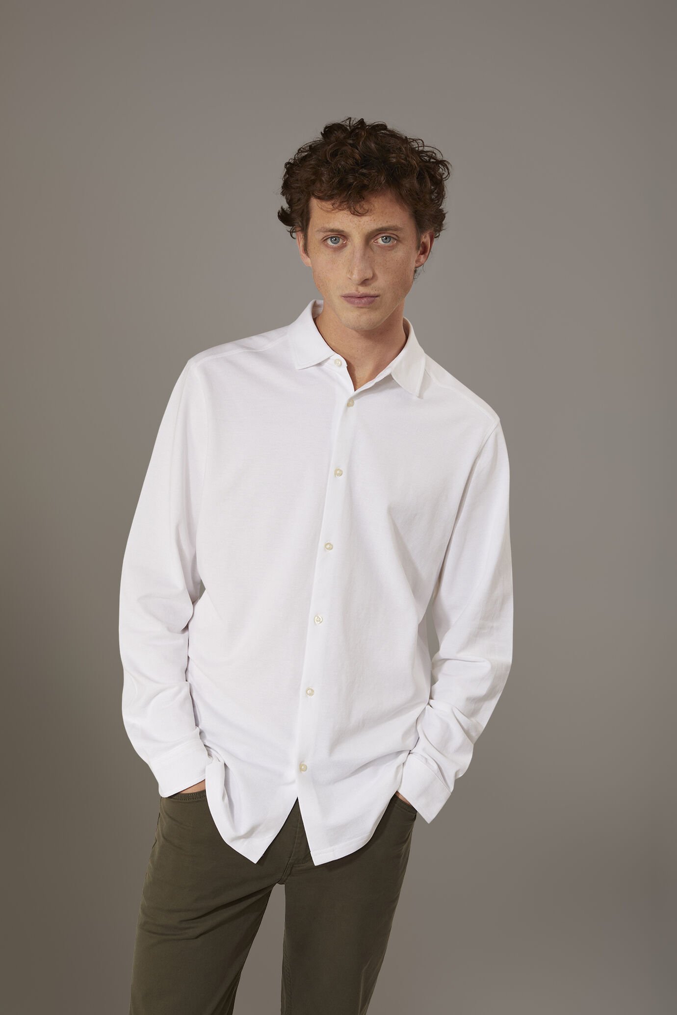 Polo camicia maniche lunghe 100% cotone piquet tinta unita image number 0
