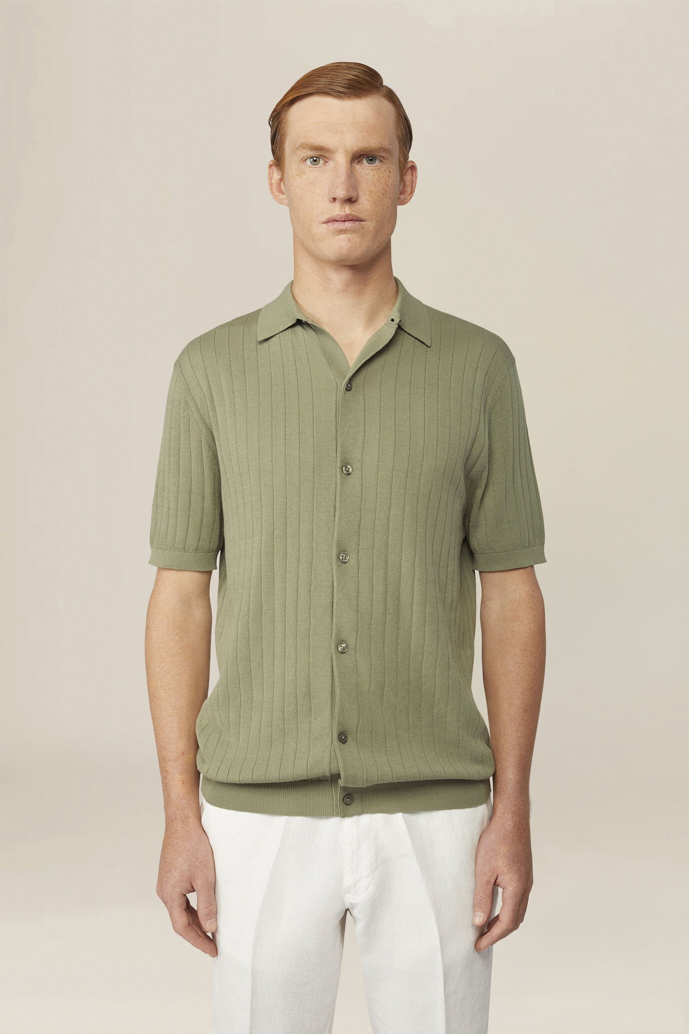 Men's knitted polo shirt in 100% cotton crepe with vertical ribbing