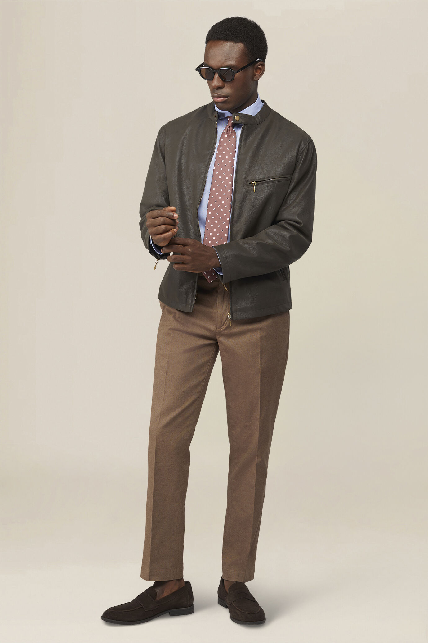 Men's biker jacket in lined faux leather with korean collar image number 1