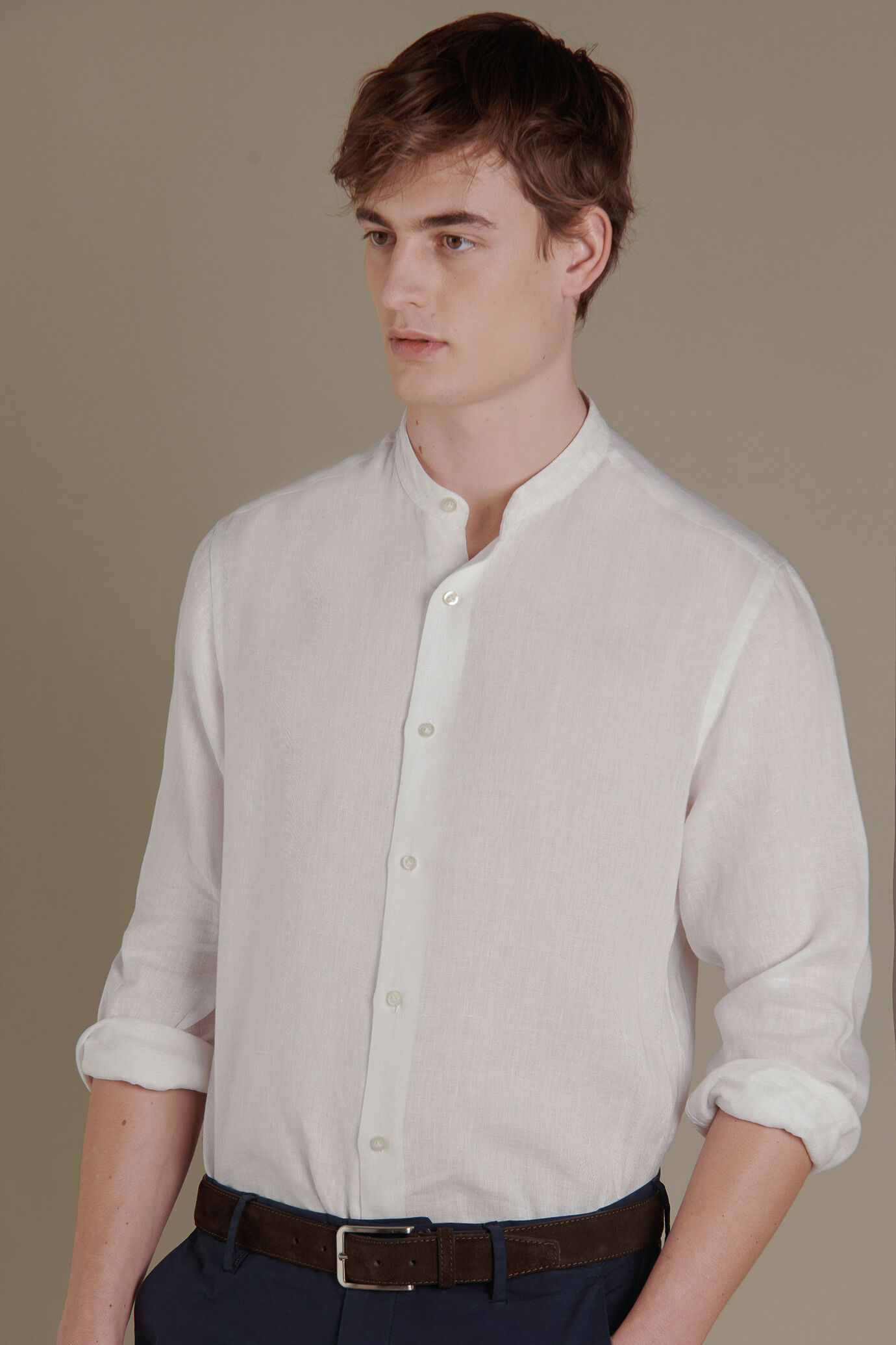 Camicia casual uomo collo coreano 100% lino image number 1