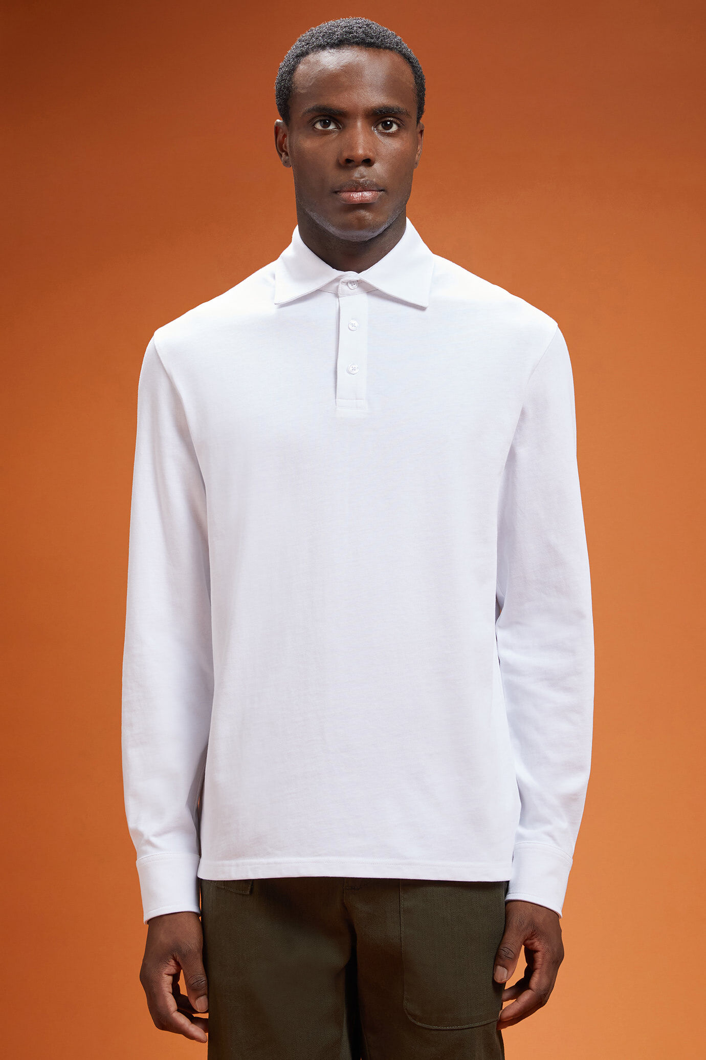 Collar White Long Sleeved Polo Outfit White Cotton Polo Shirt