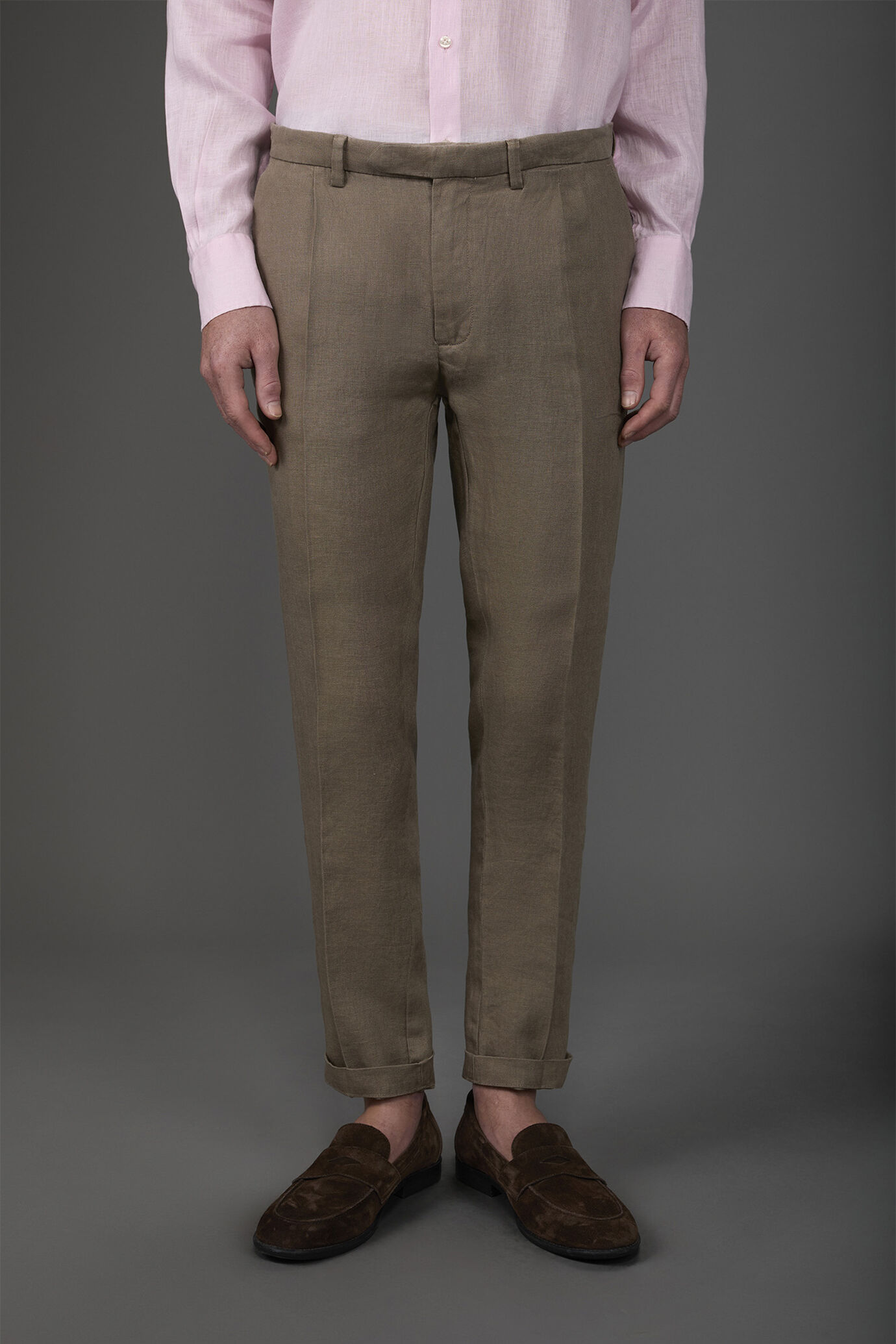 Men's trousers 100% linen with two small pleats and concealed button image number 1