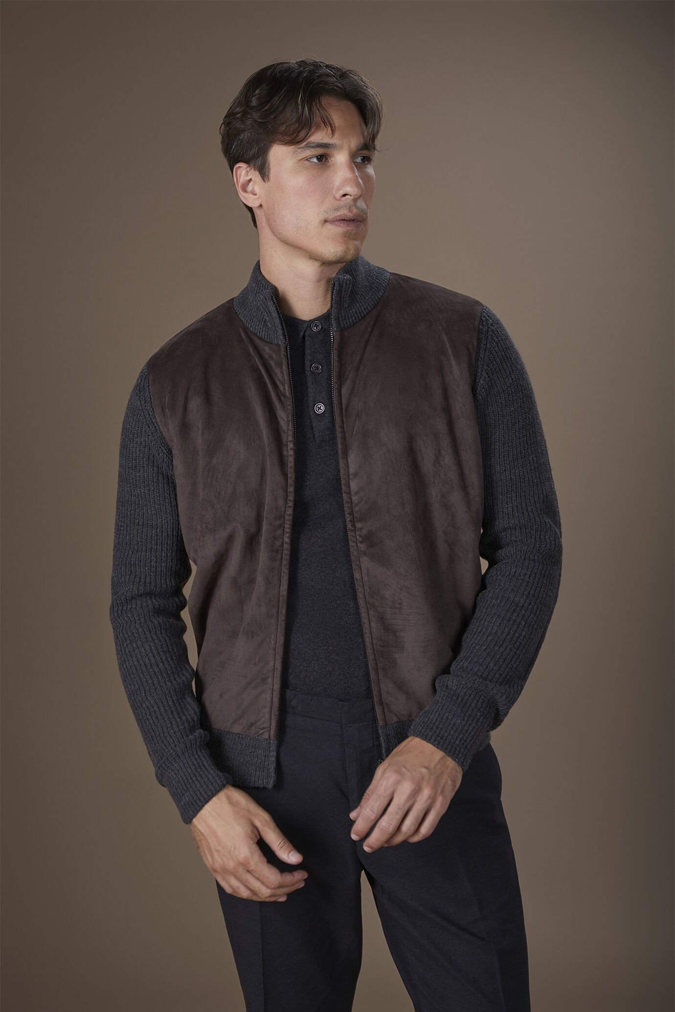 Herrenjacke aus Wollmischstrick mit Rippbündchen reguläre Passform