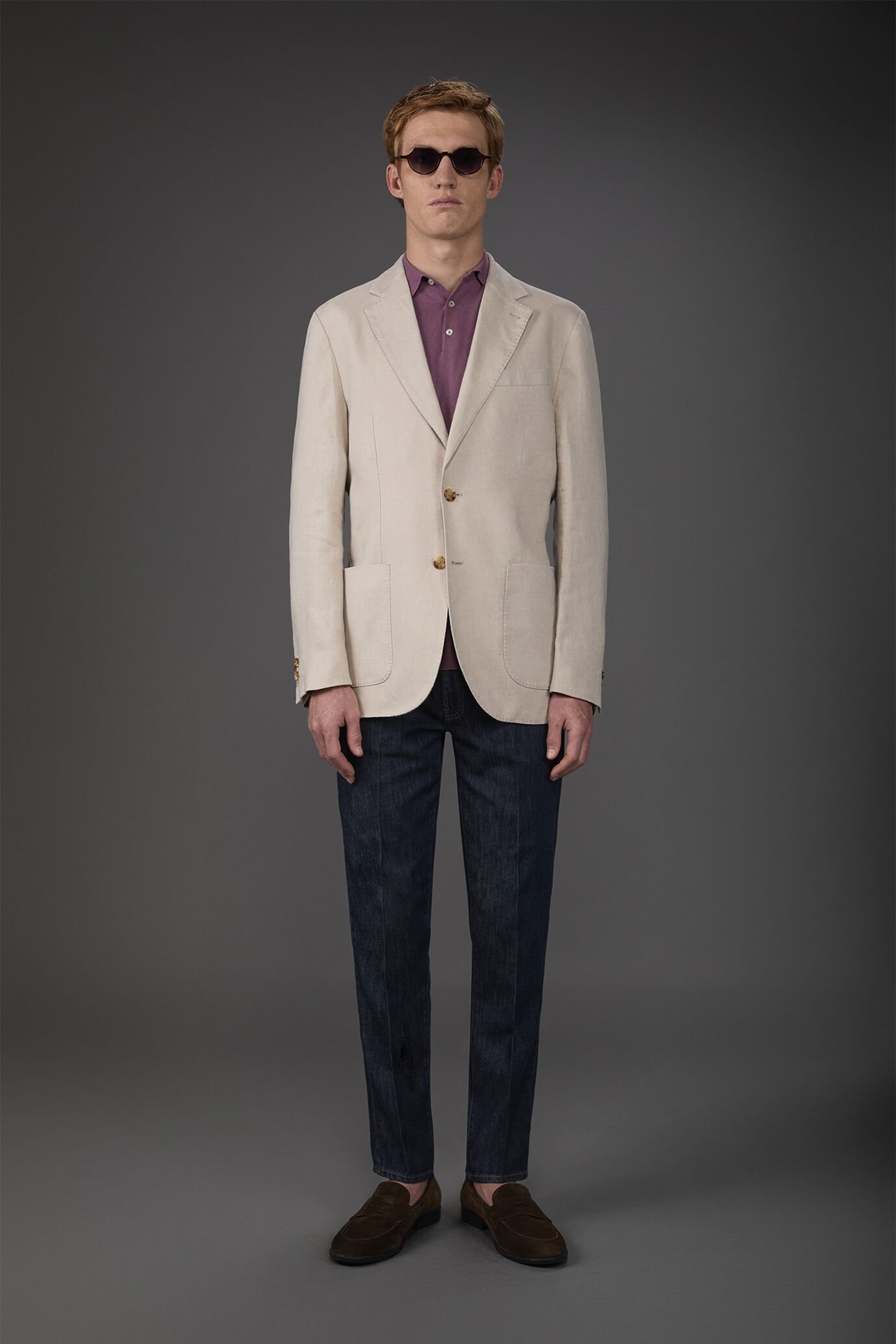 Veste homme à simple boutonnage, non doublée, avec revers classique et poches à rabat en 100% lin