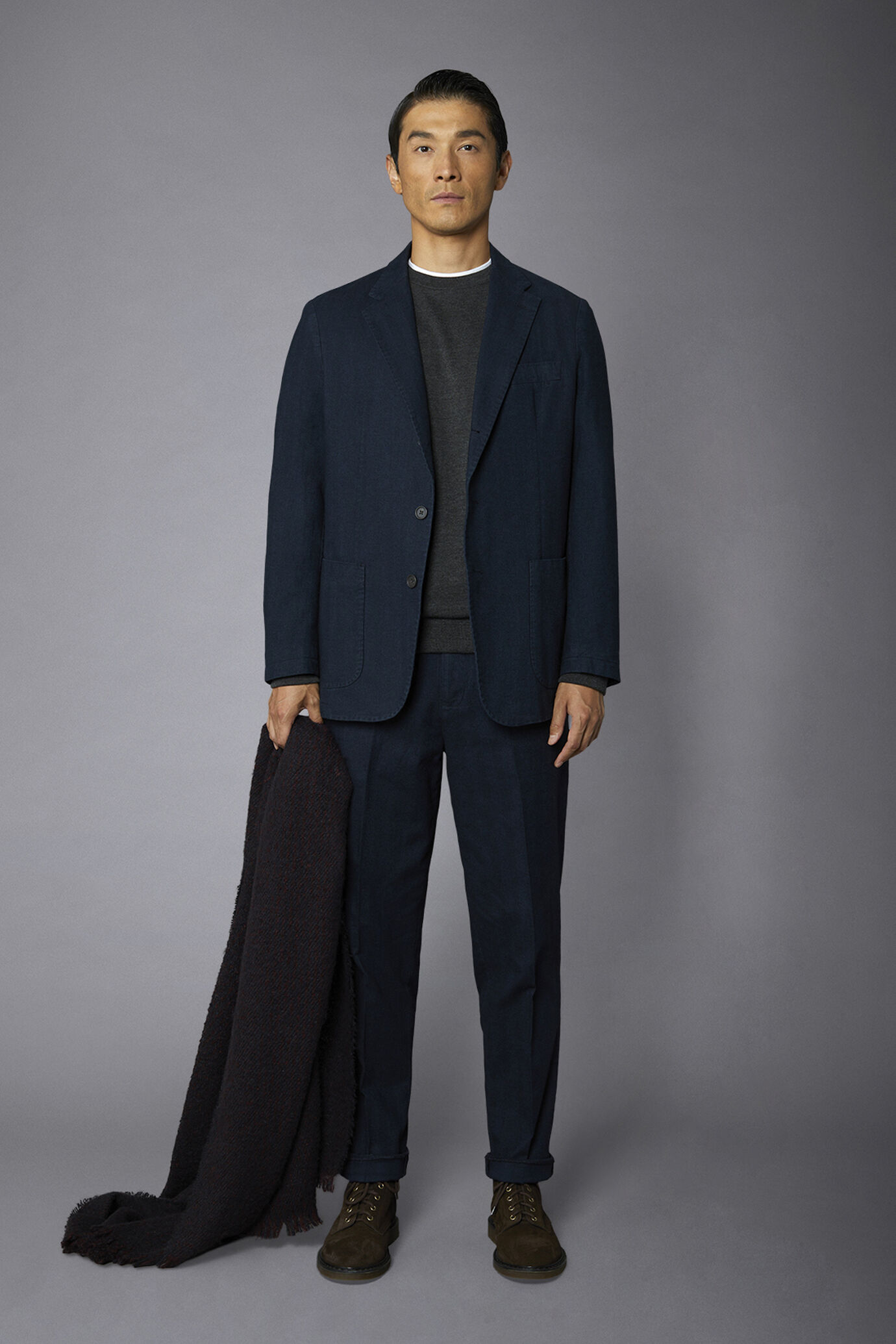 Flat front stretch cotton washed herringbone regular fit trousers