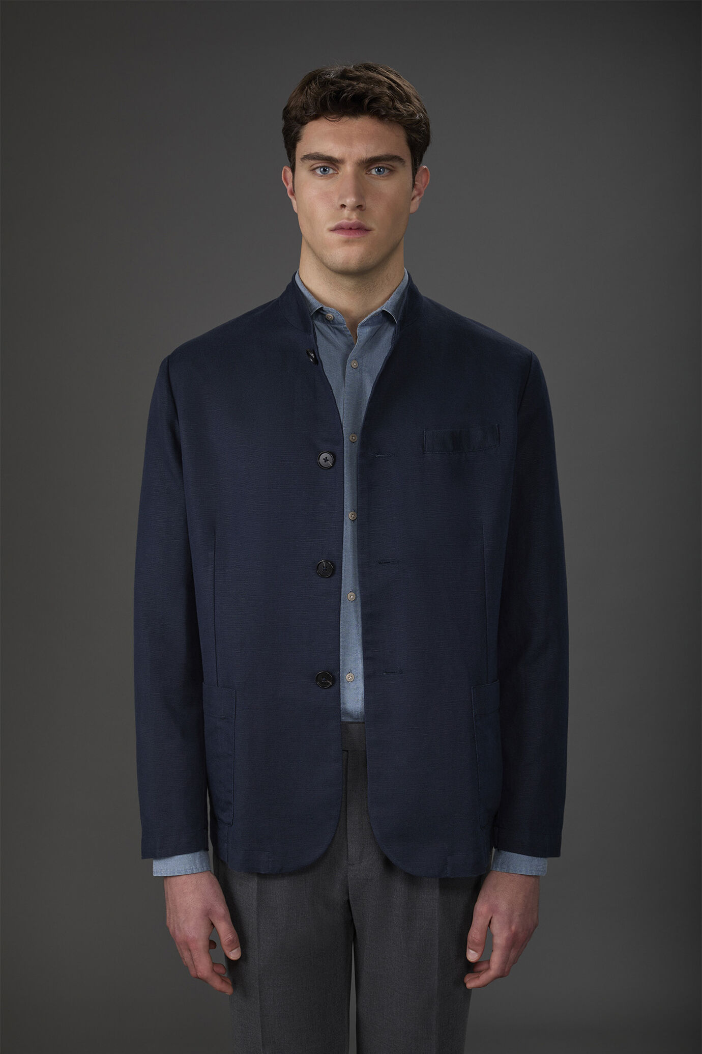 Men's unlined single-breasted jacket with mandarin collar linen and cotton blend