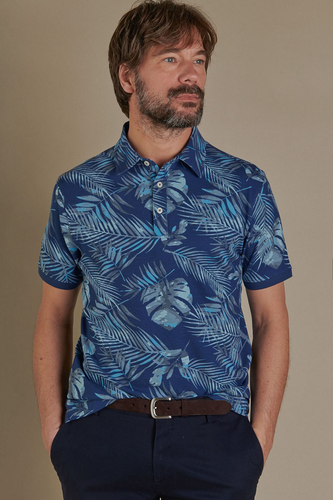 Short sleeve polo shirt in pure cotton piquet printed image number 0
