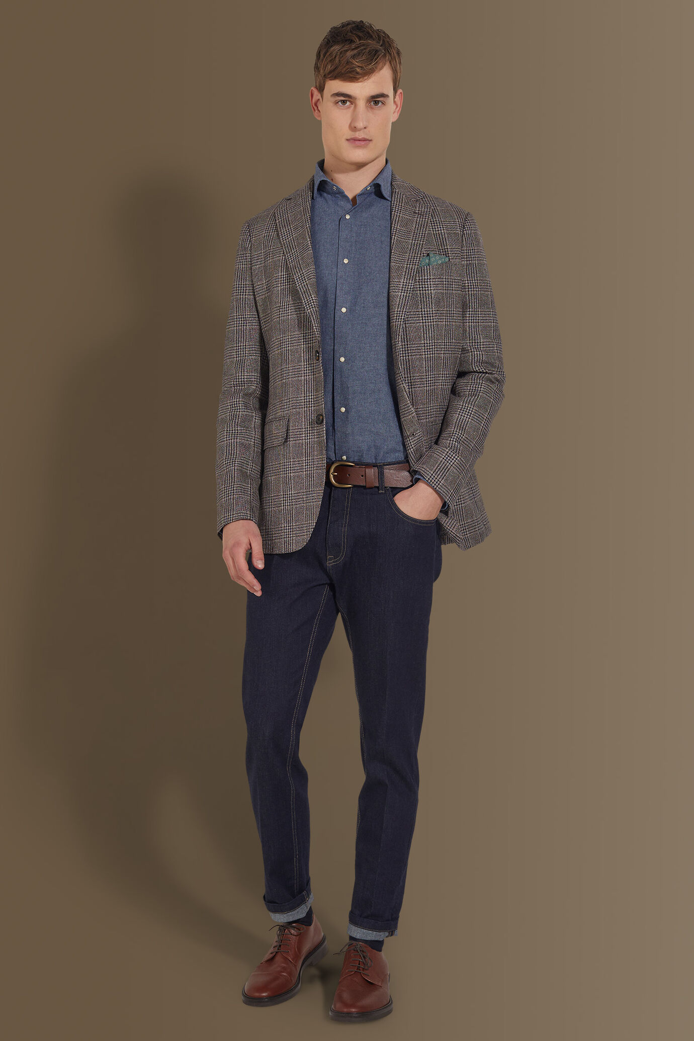 Single breasted jacket cotton linen fabric check design image number 0