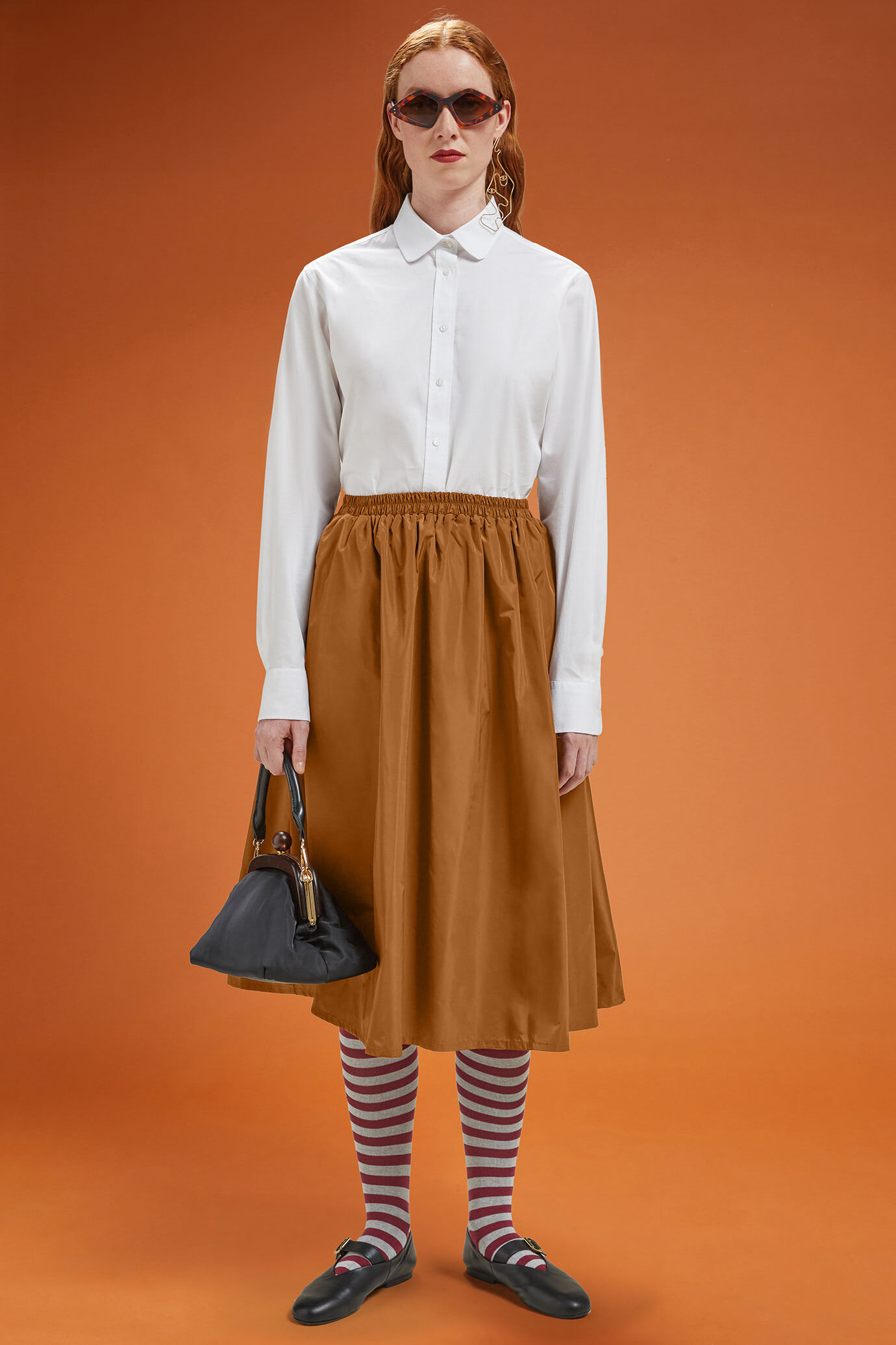 Gonna donna lunga a palloncino in taffet&agrave; tinta unita con elastico in vita regular fit image number 0