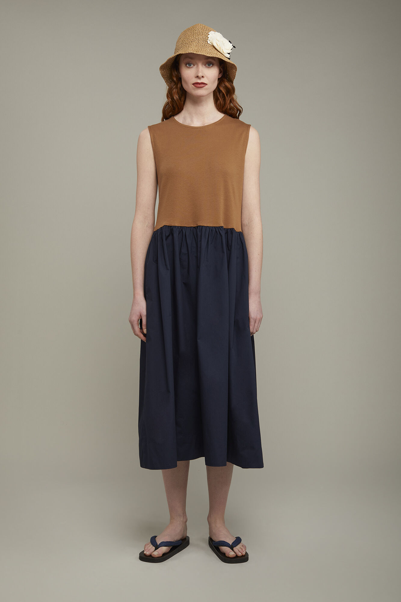 Abito midi donna smanicato bicolore 100% cotone in jersey regular fit