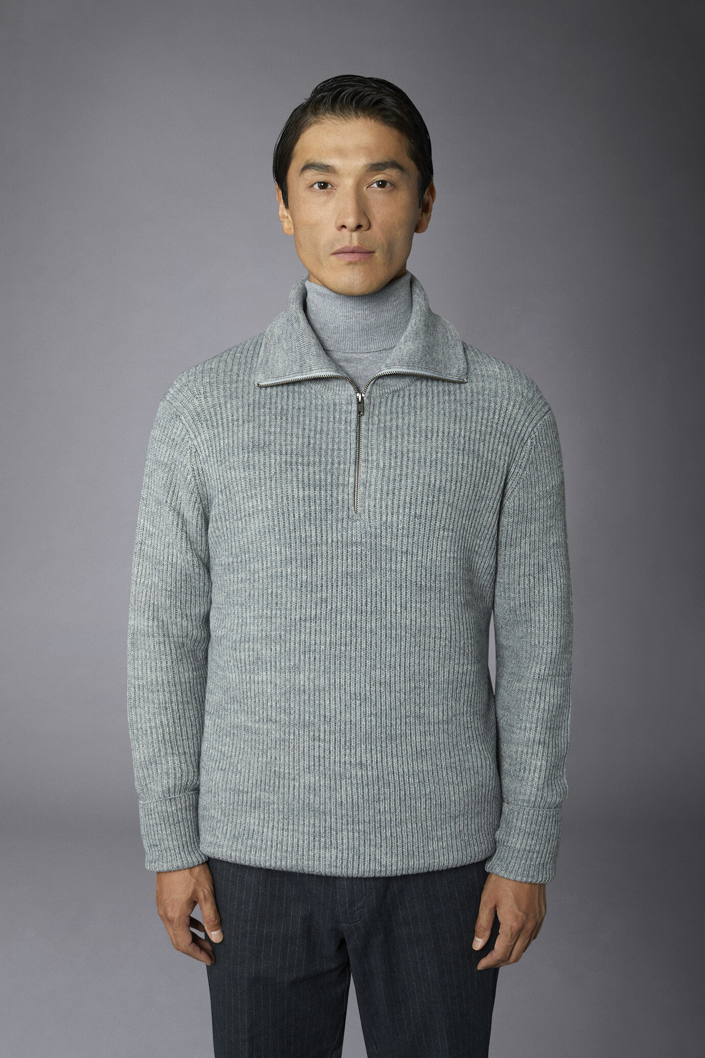 Men's wool-blend zip neck sweater with English rib knit regular fit image number 3