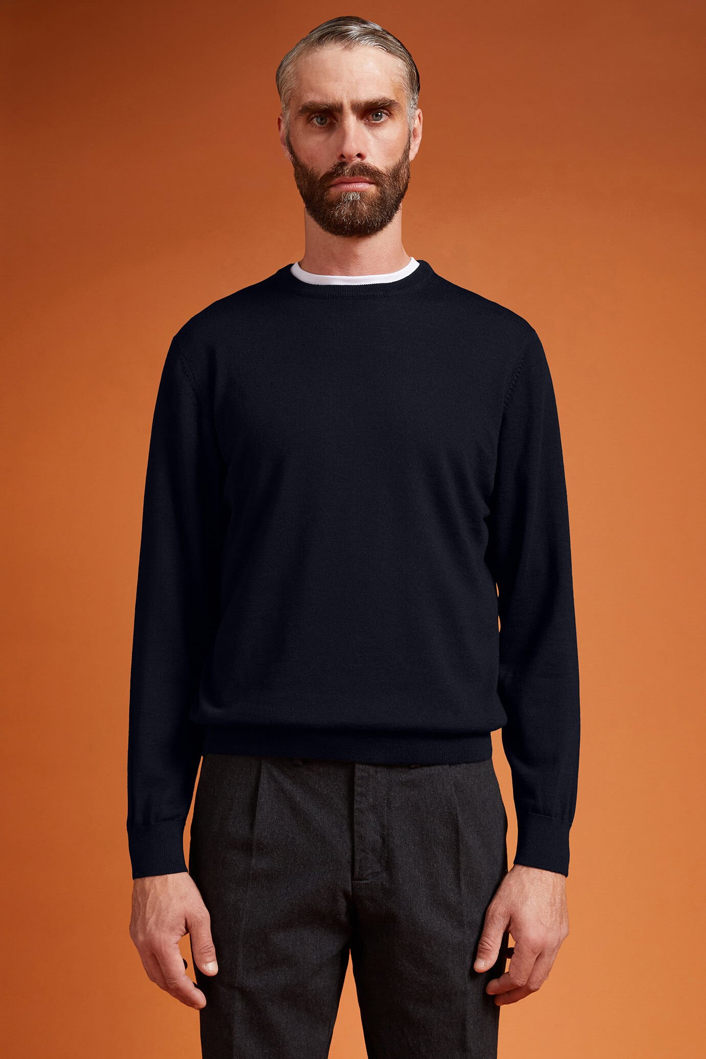 Pull homme à col rond, 100% laine mérinos extrafine, coupe classique