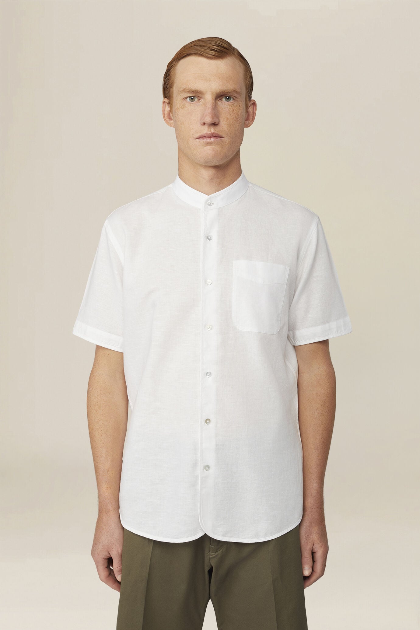 Camicia uomo casual collo alla coreana tessuto in lino e cotone lavato image number 0
