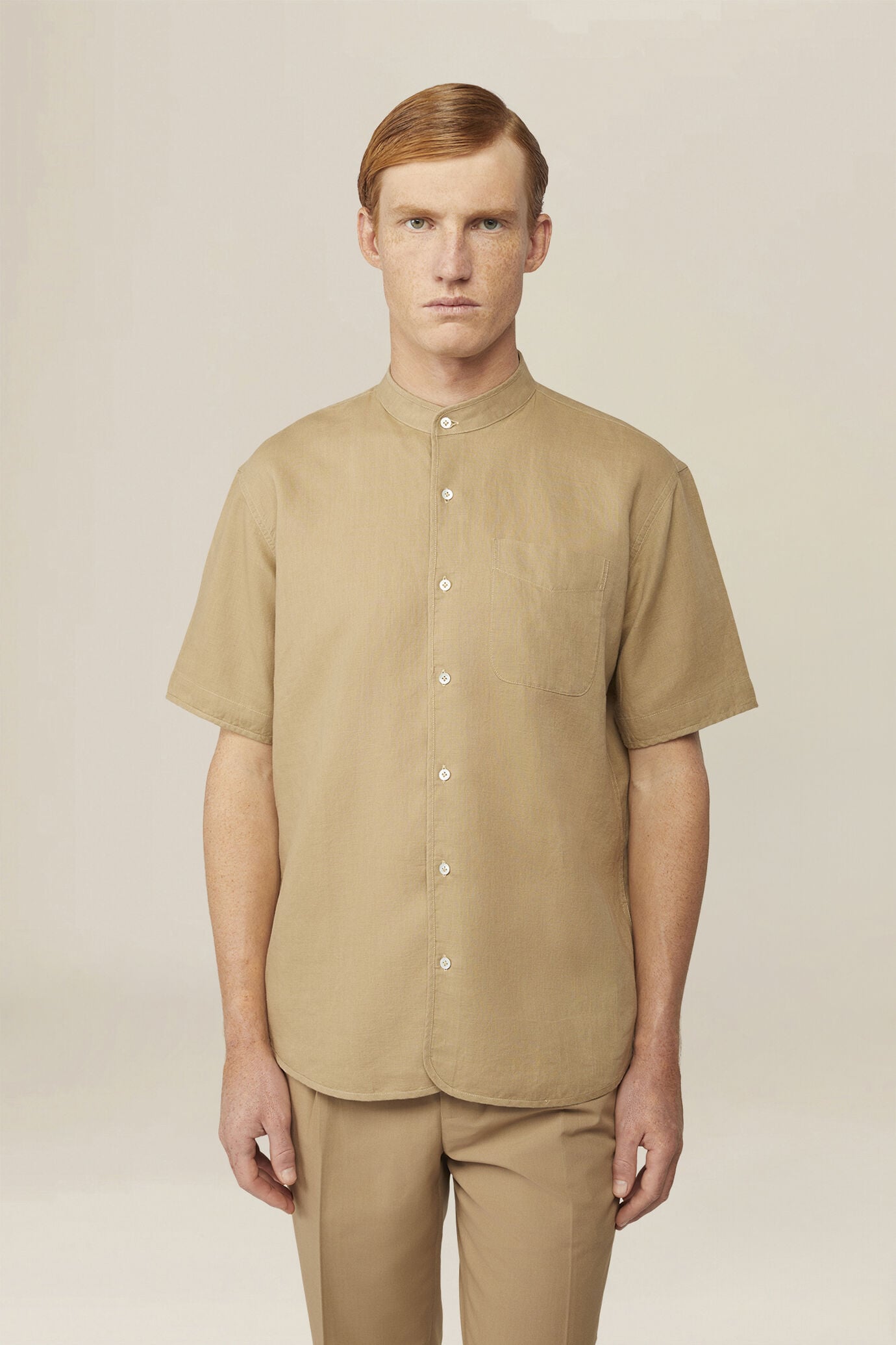 Camicia uomo casual collo alla coreana tessuto in lino e cotone lavato image number 0