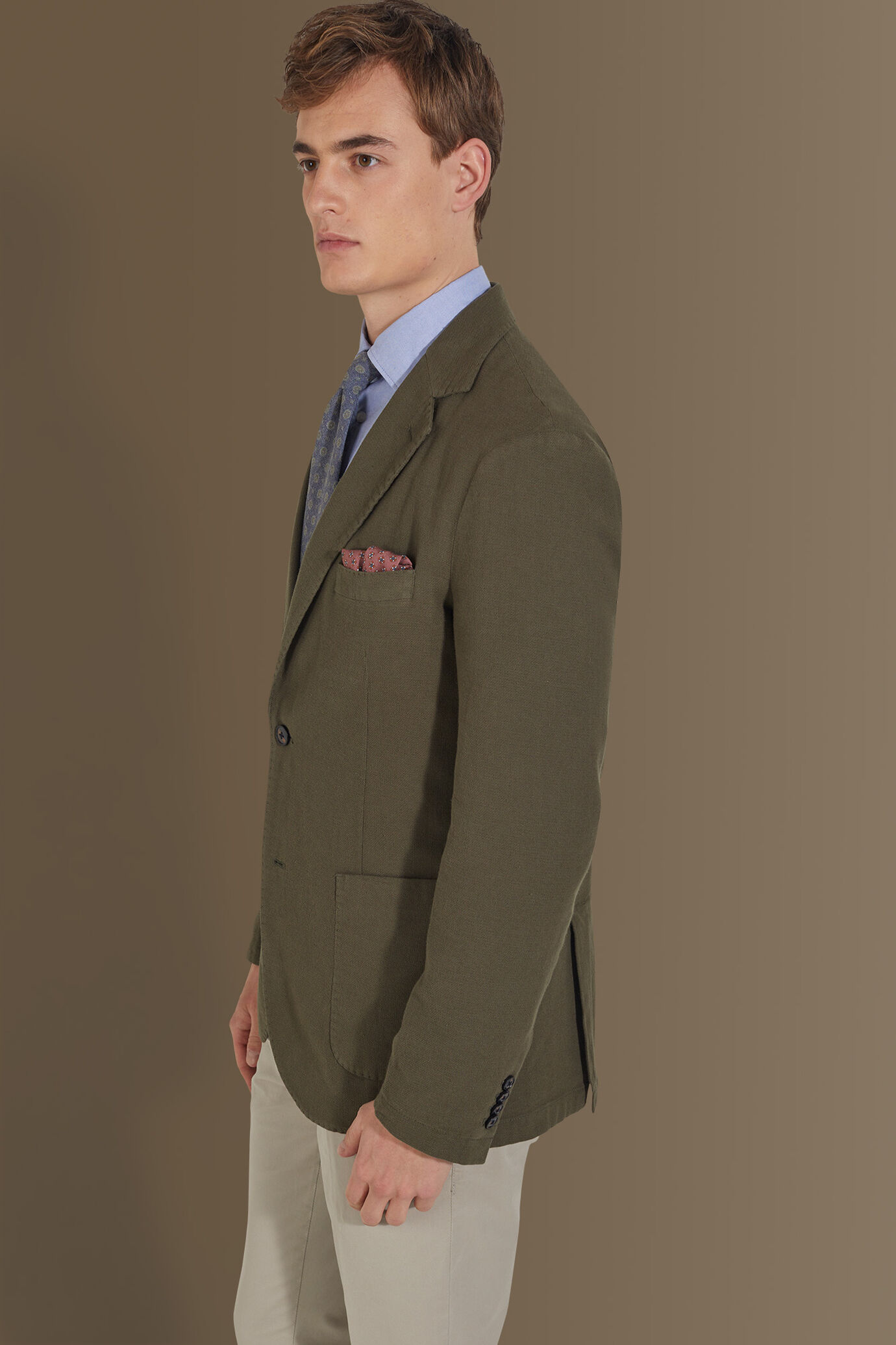 Giacca monopetto uomo con tasche a toppa tessuto lino e cotone image number 3