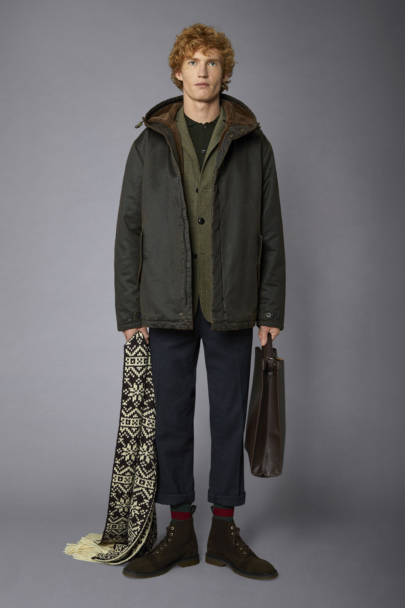 Men's wax-effect jacket in washed cotton with inner fur medium length comfort fit image number 0