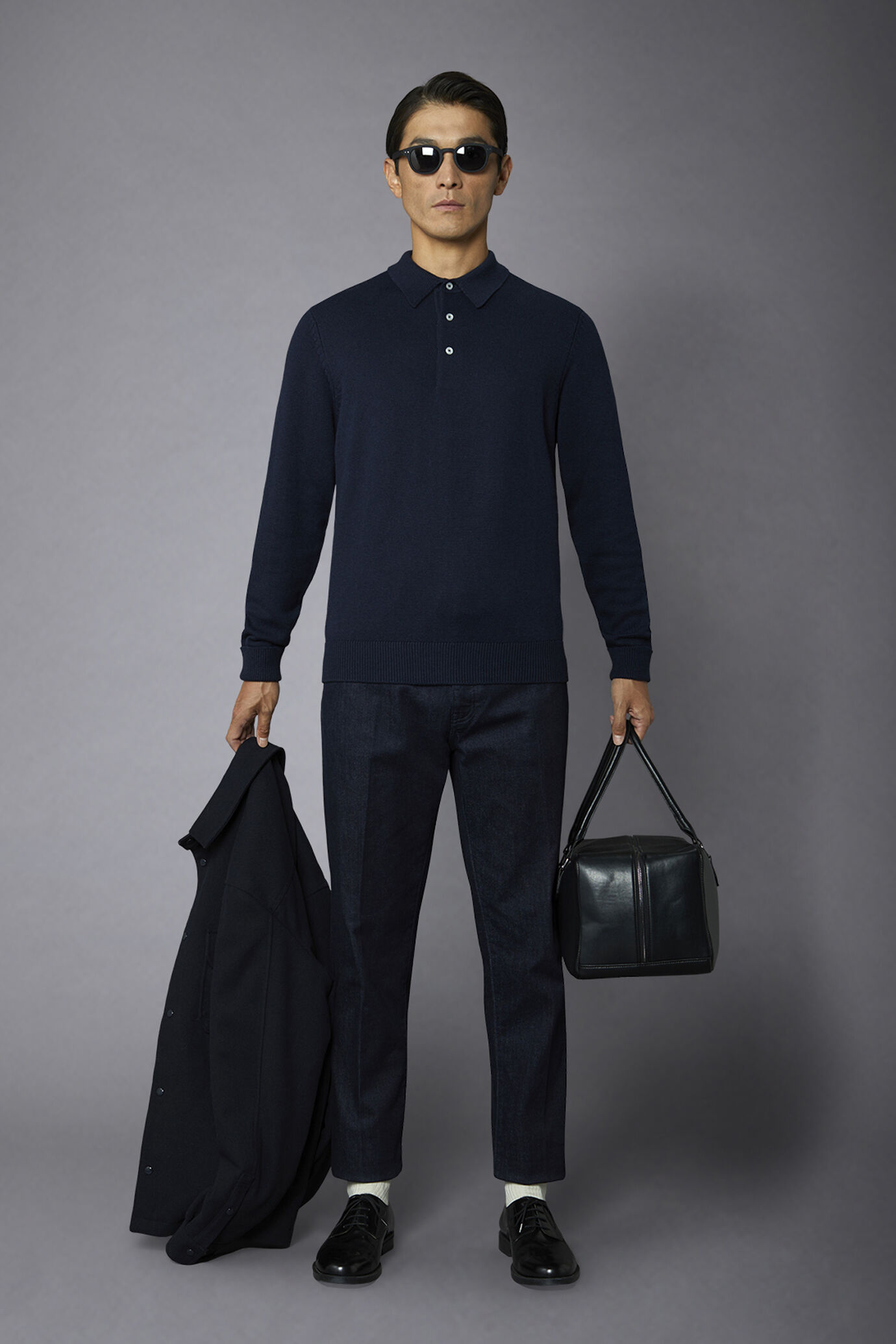 Polo in maglia uomo manica lunga in lana e cotone regular fit image number 0
