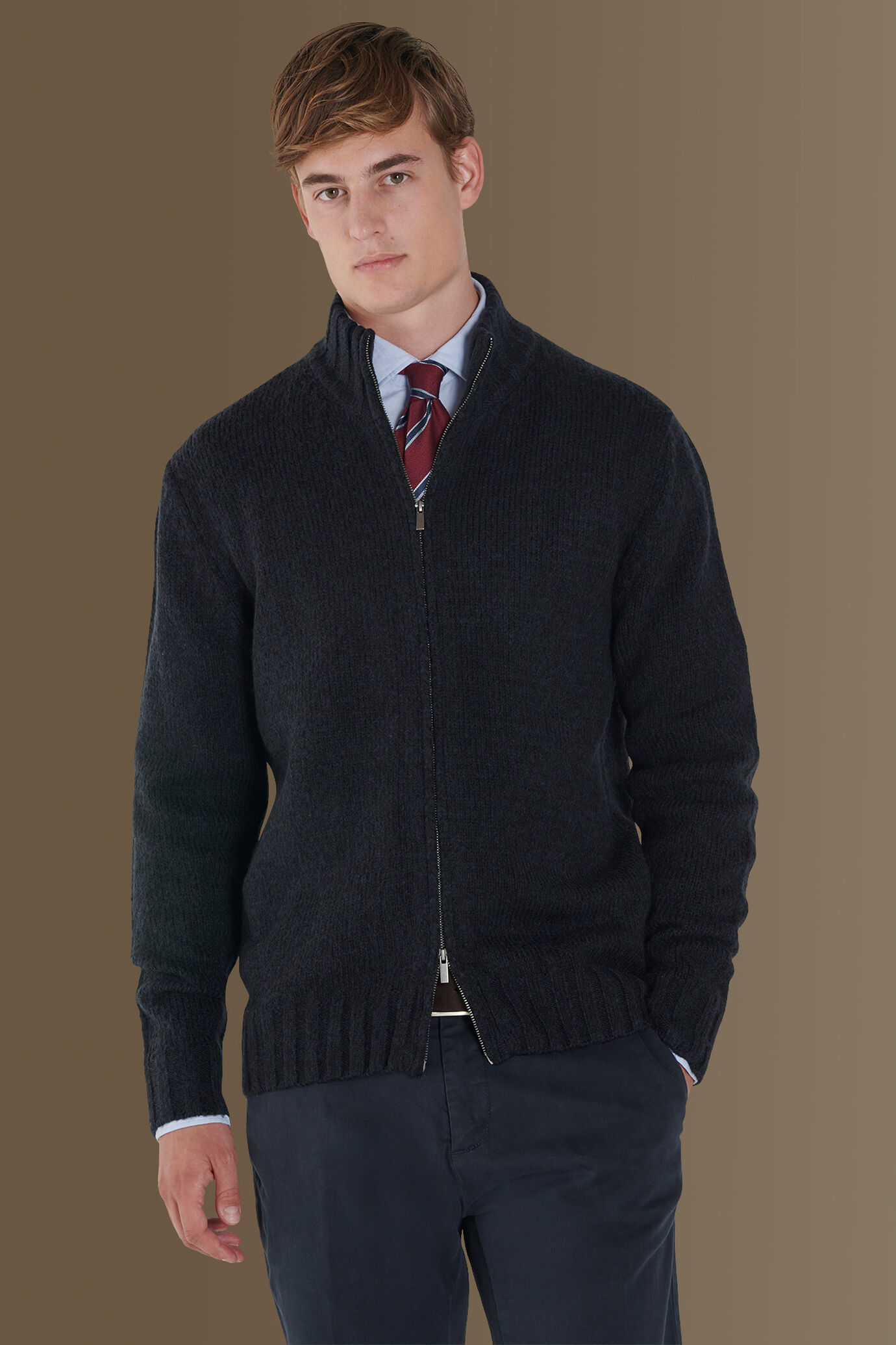 Cardigan with high collar english rib image number 0