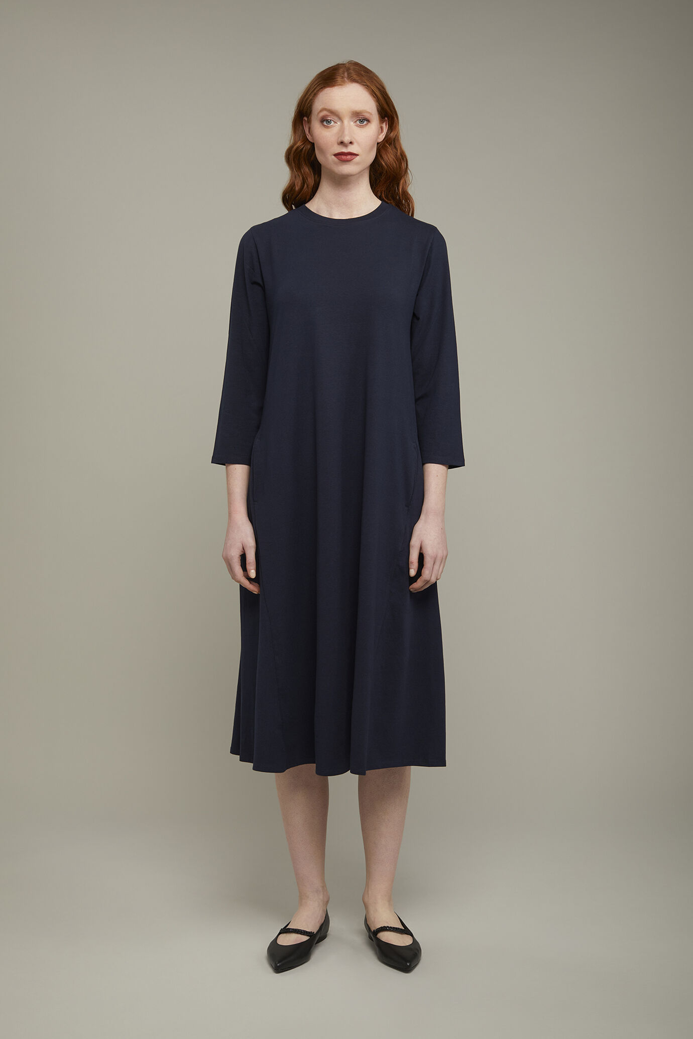 Abito midi donna girocollo con manica lunga in jersey di cotone stretch regular fit image number 2