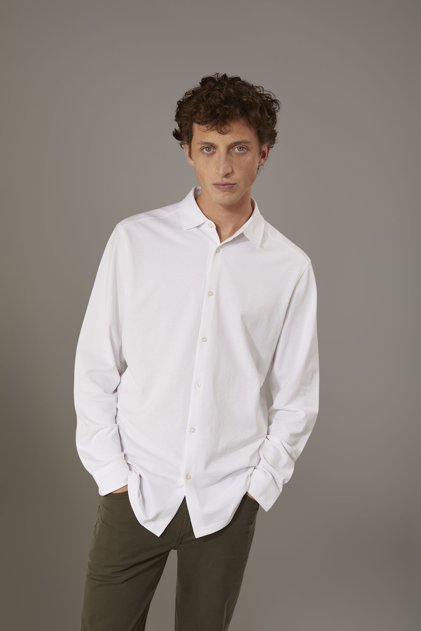 Polo camicia maniche lunghe 100% cotone piquet tinta unita image number 0