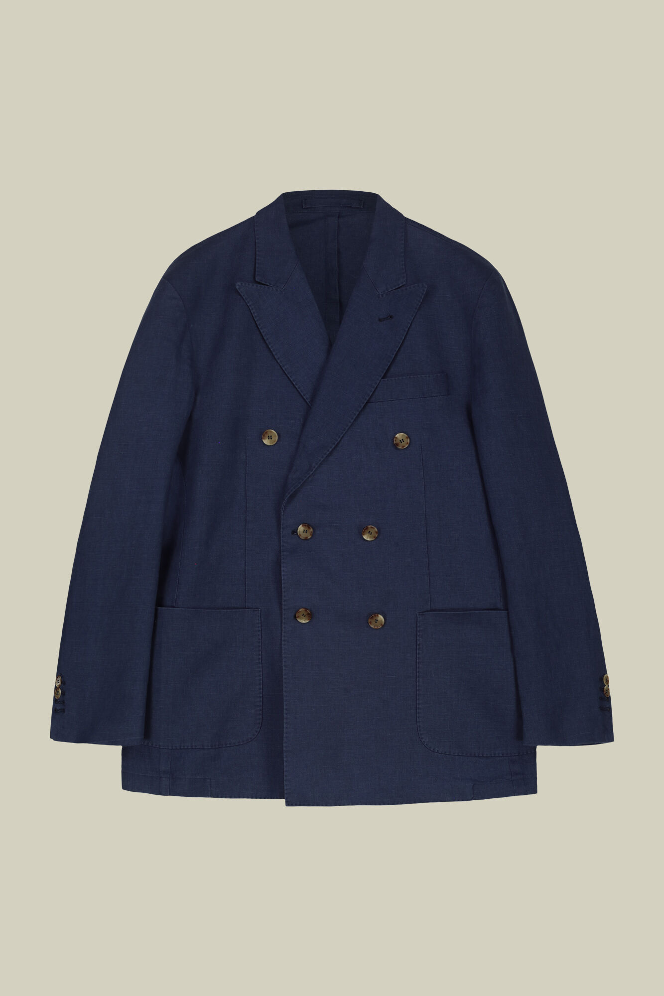 Men's 100% linen unlined double-breasted jacket with peak lapels