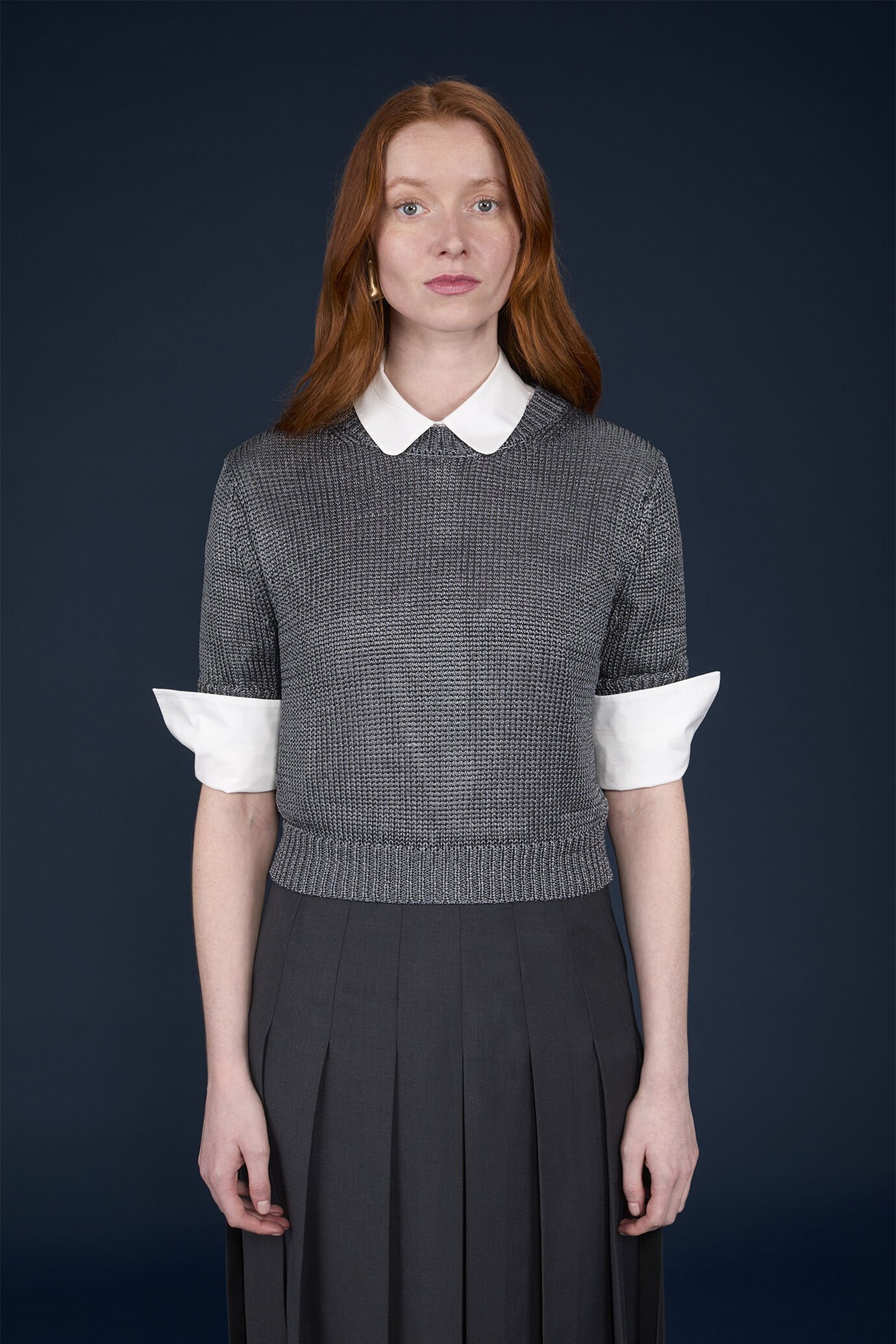 Maglia donna crochet manica corta girocollo