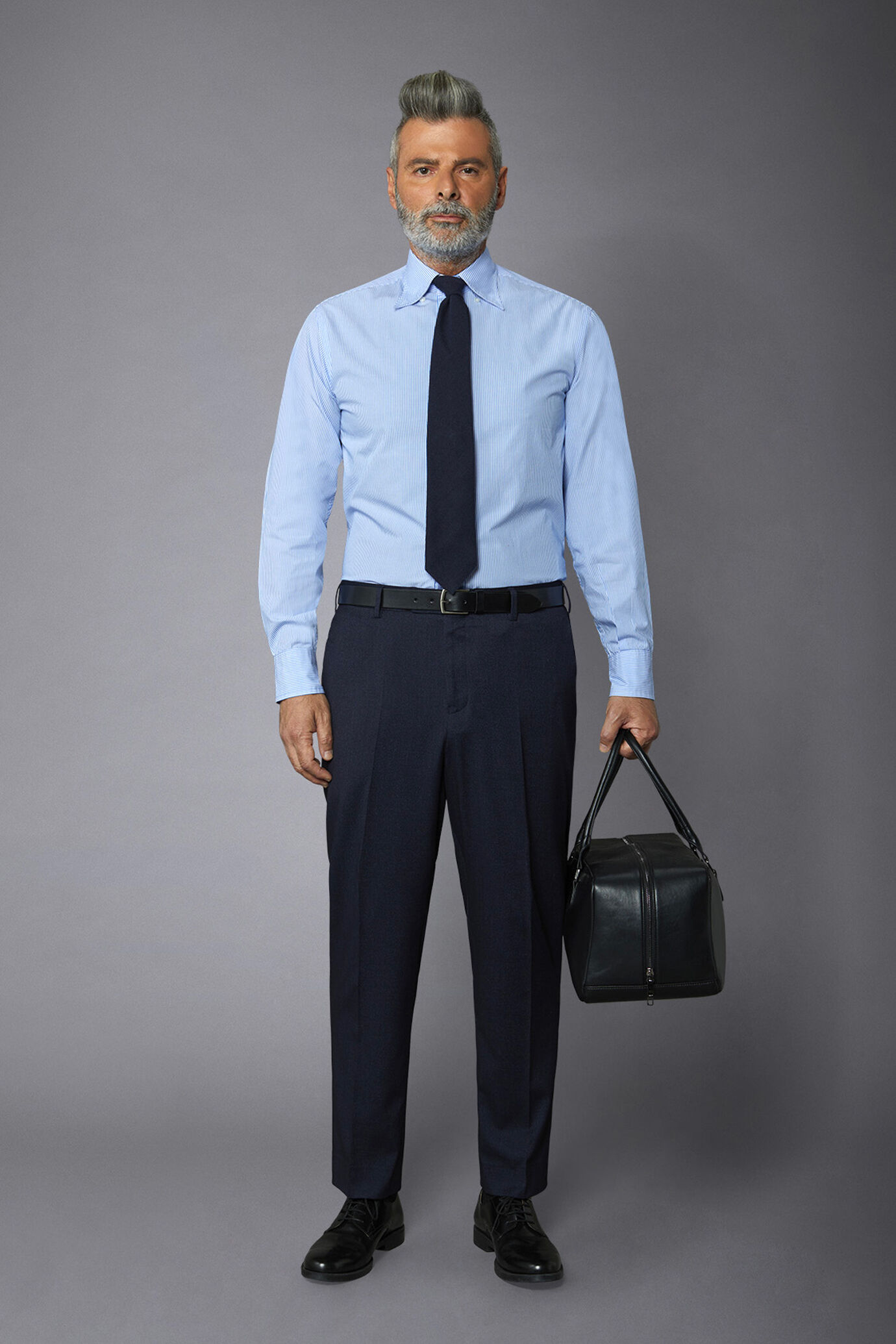 Classic genderless washed button-down comfort fit shirt with narrow stripe pattern