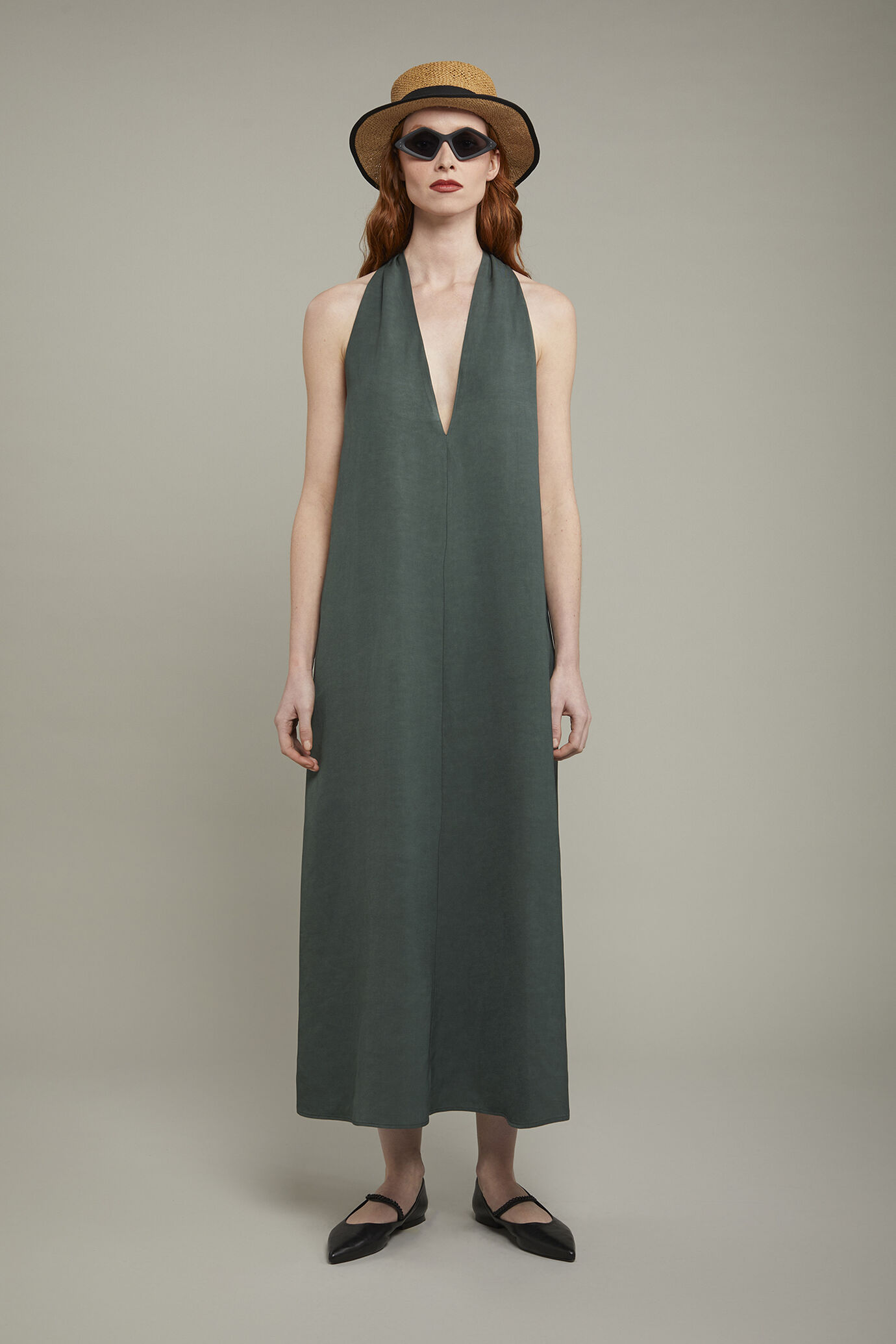 Abito midi donna con scollo a v misto lino image number 0