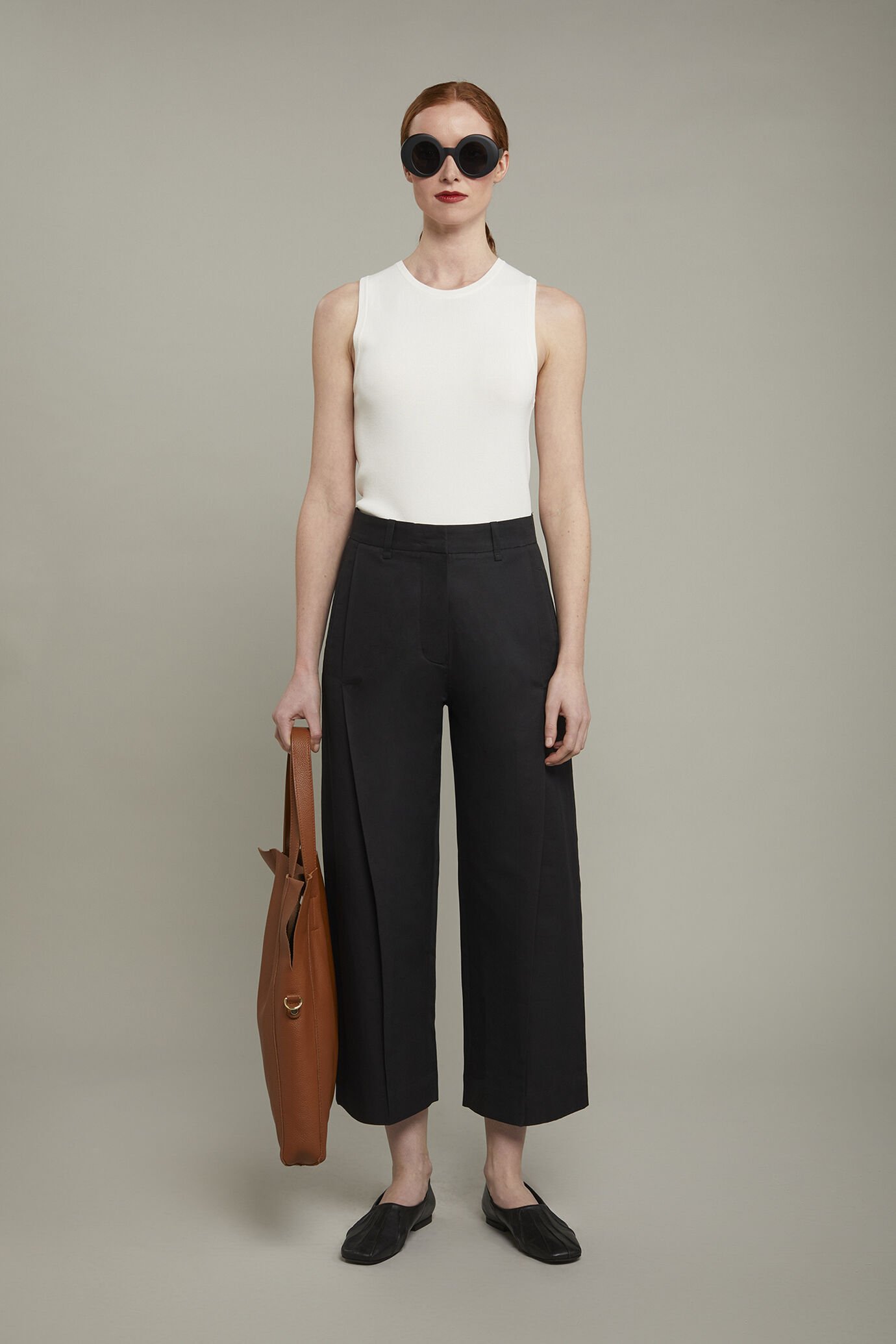 Pantalone donna a gamba larga misto lino e cotone regular fit image number 0
