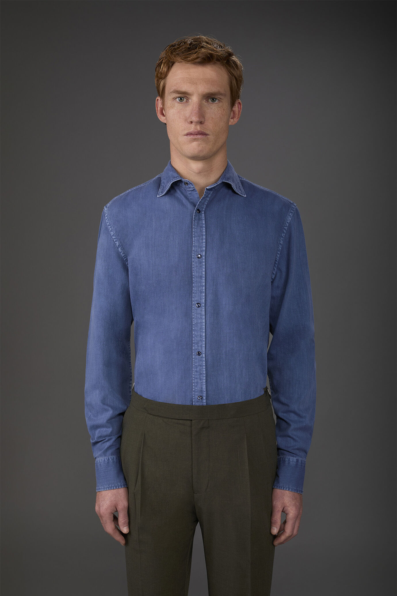 Chemise décontractée pour homme à col classique, tissu chambray
