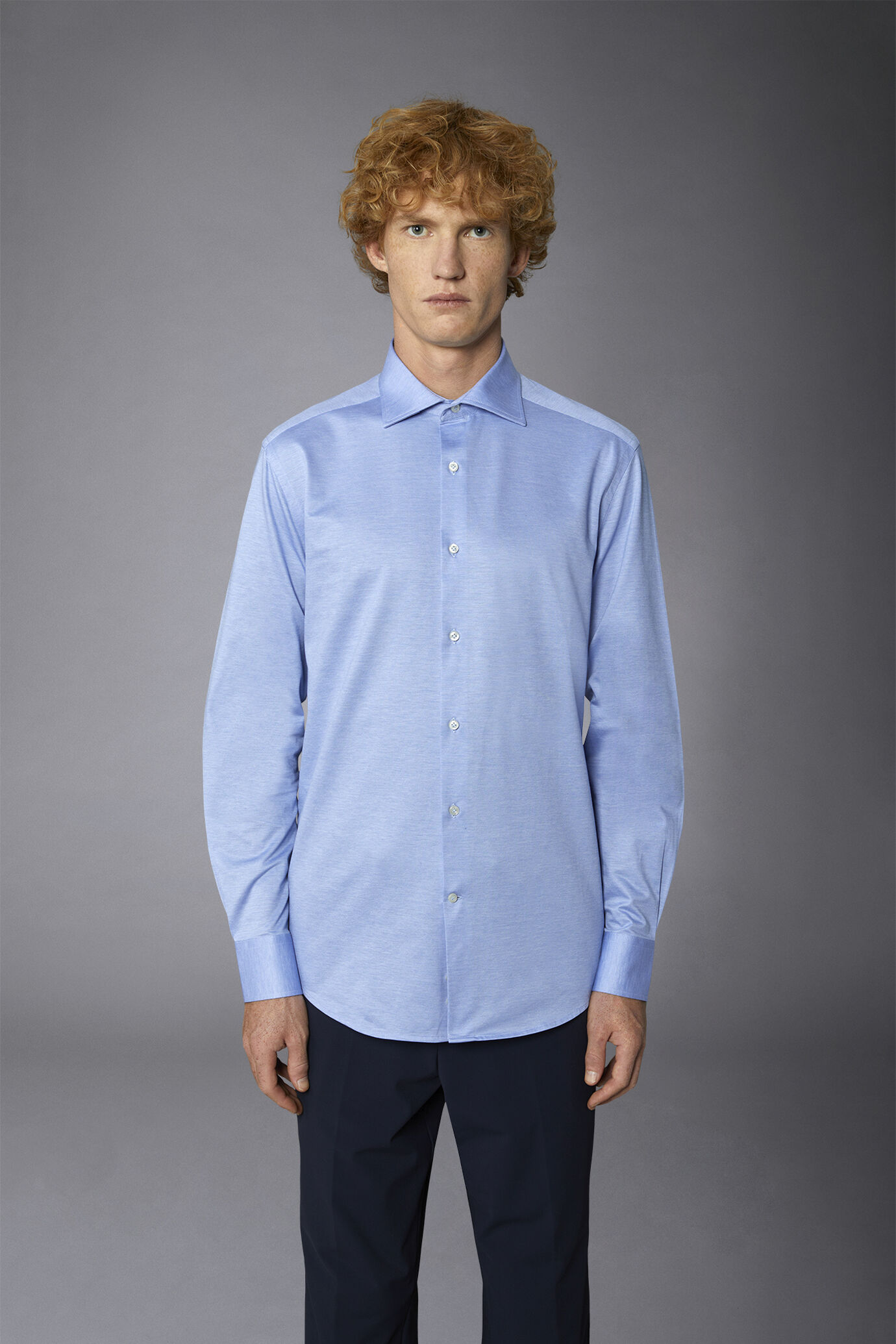 Klassisches geschlechtsloses Jersey-Shirt Französischer Kragen Bequeme Passform Bedruckter Melange-Stoff image number 2