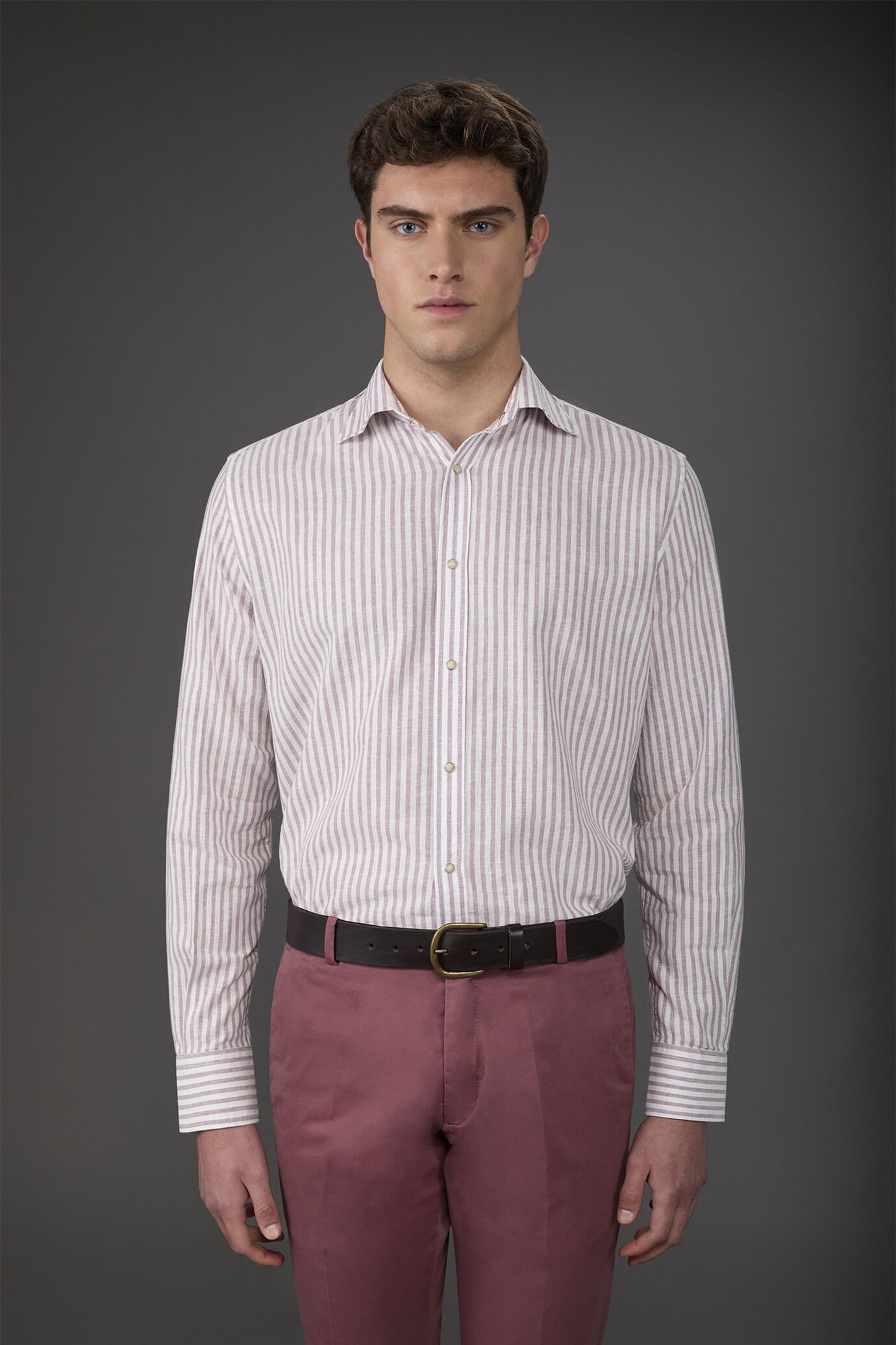 Men's casual shirt with French collar in striped washed linen and cotton fabric