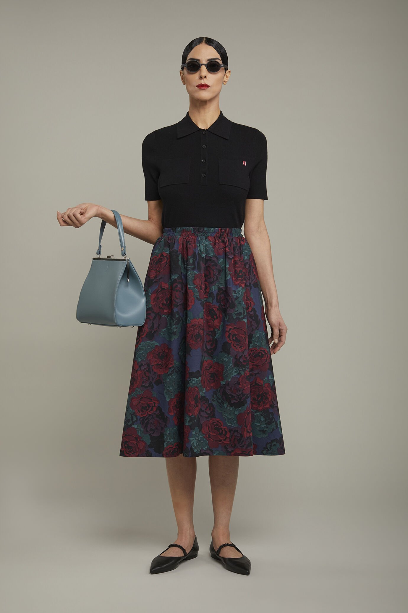 Gonna donna 100% cotone svasata con elastico in vita disegno floreale regular fit image number 0