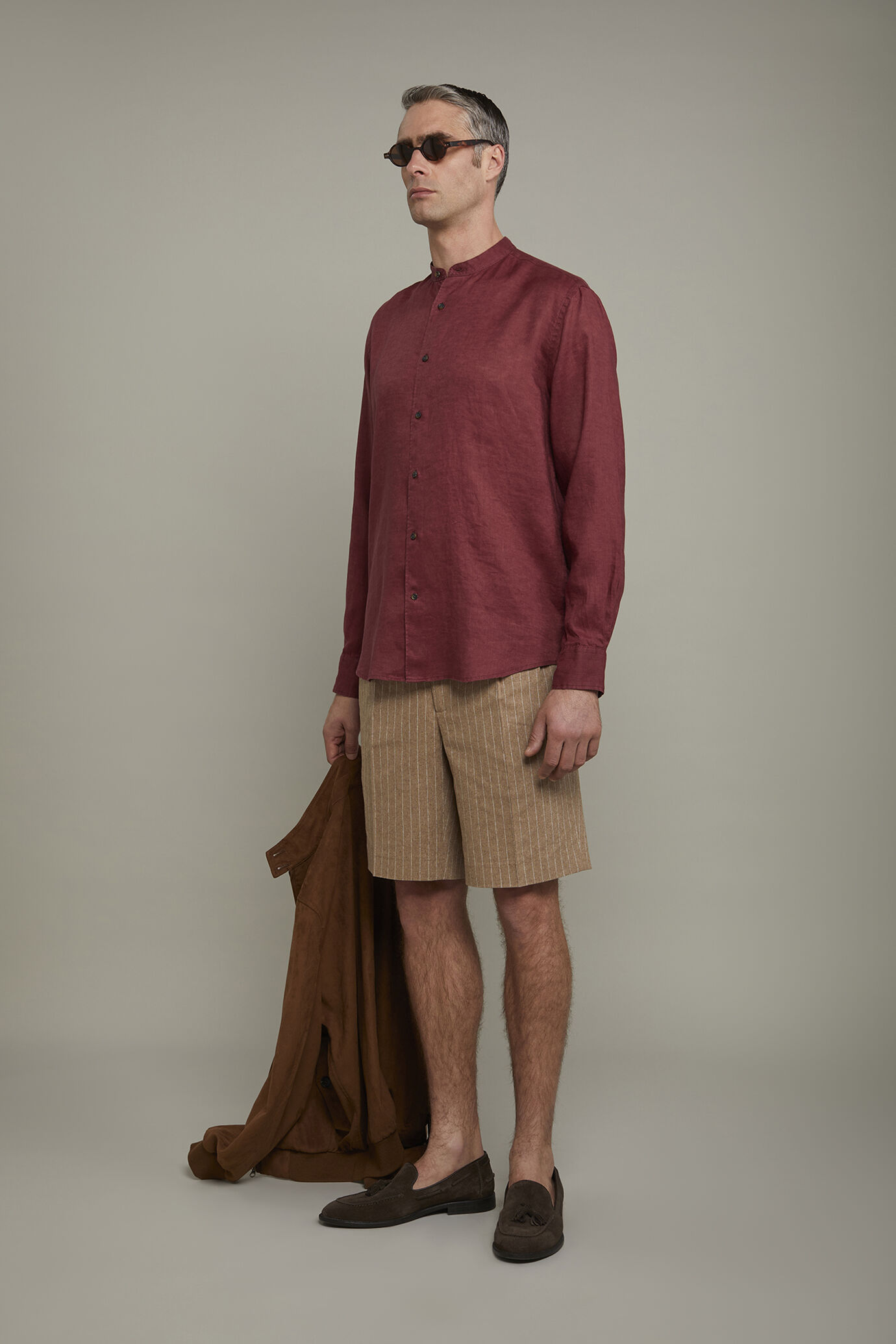 Camicia casual uomo collo coreano 100% lino comfort fit image number 1