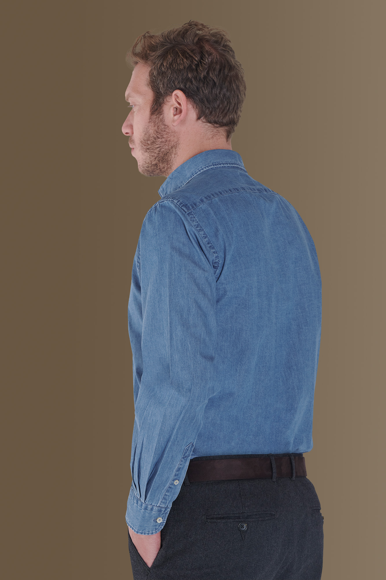 Camicia casual collo francese denim tinta unita image number null