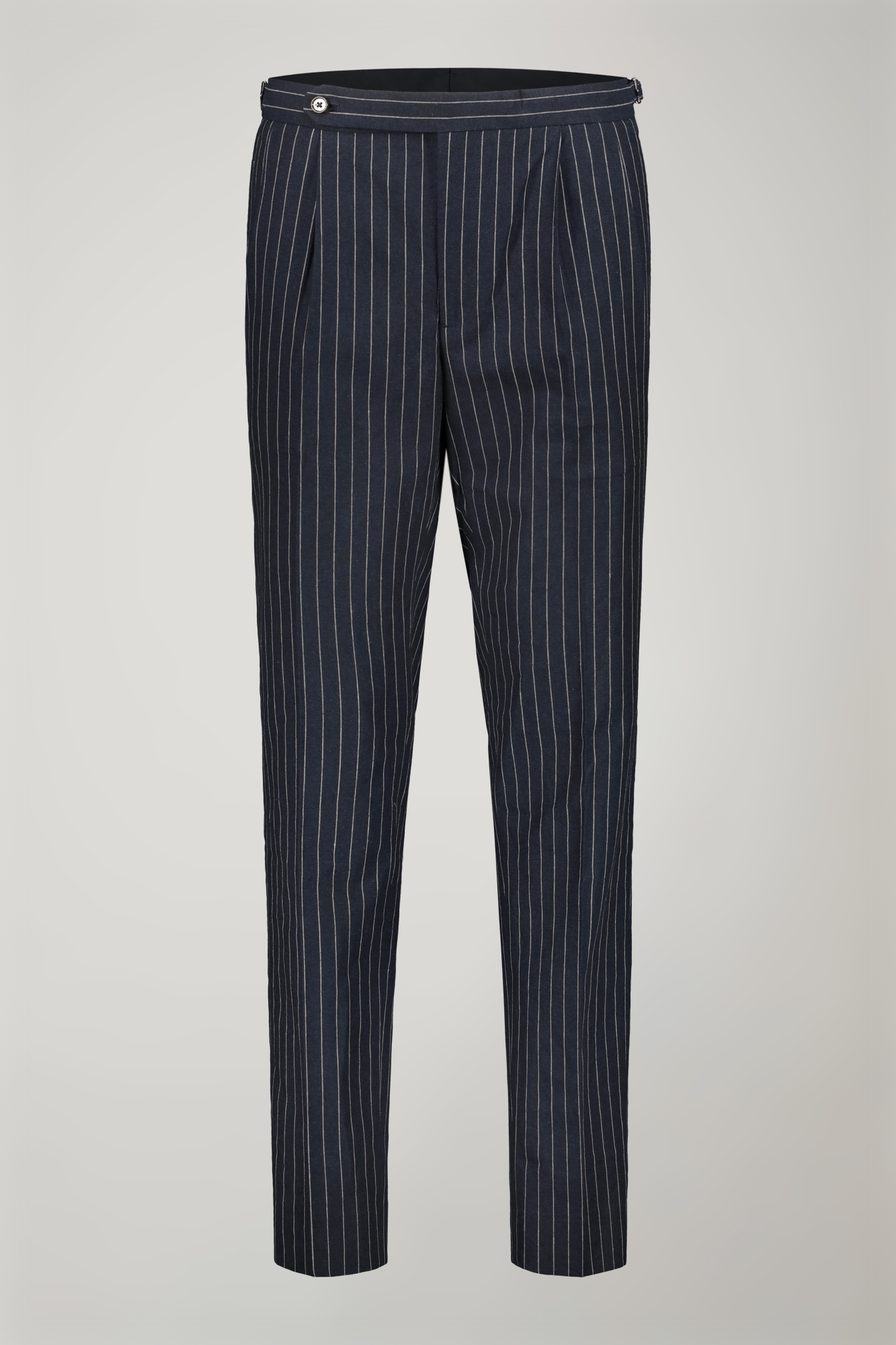 Pantalone classico uomo con doppia pince tessuto lino e cotone con disegno gessato regular fit image number null