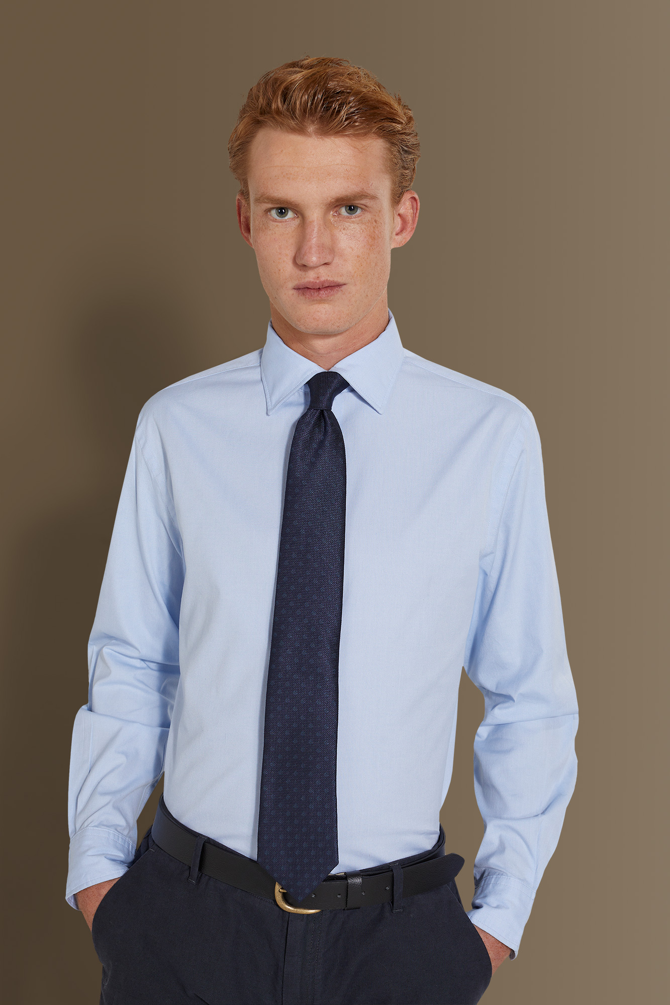 Camicia classica lavata uomo collo francese pin point image number null
