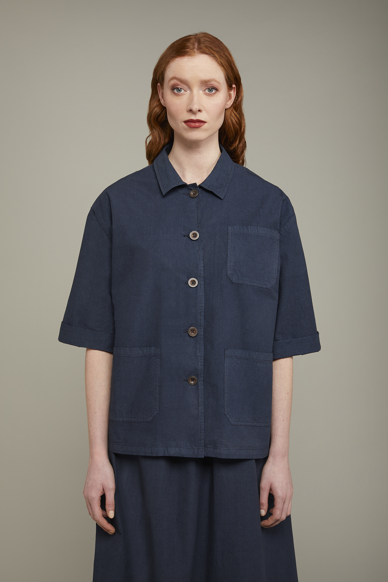 Veste femme à col chemise et motif à microcarreaux en 100 % coton coupe régulière image number null