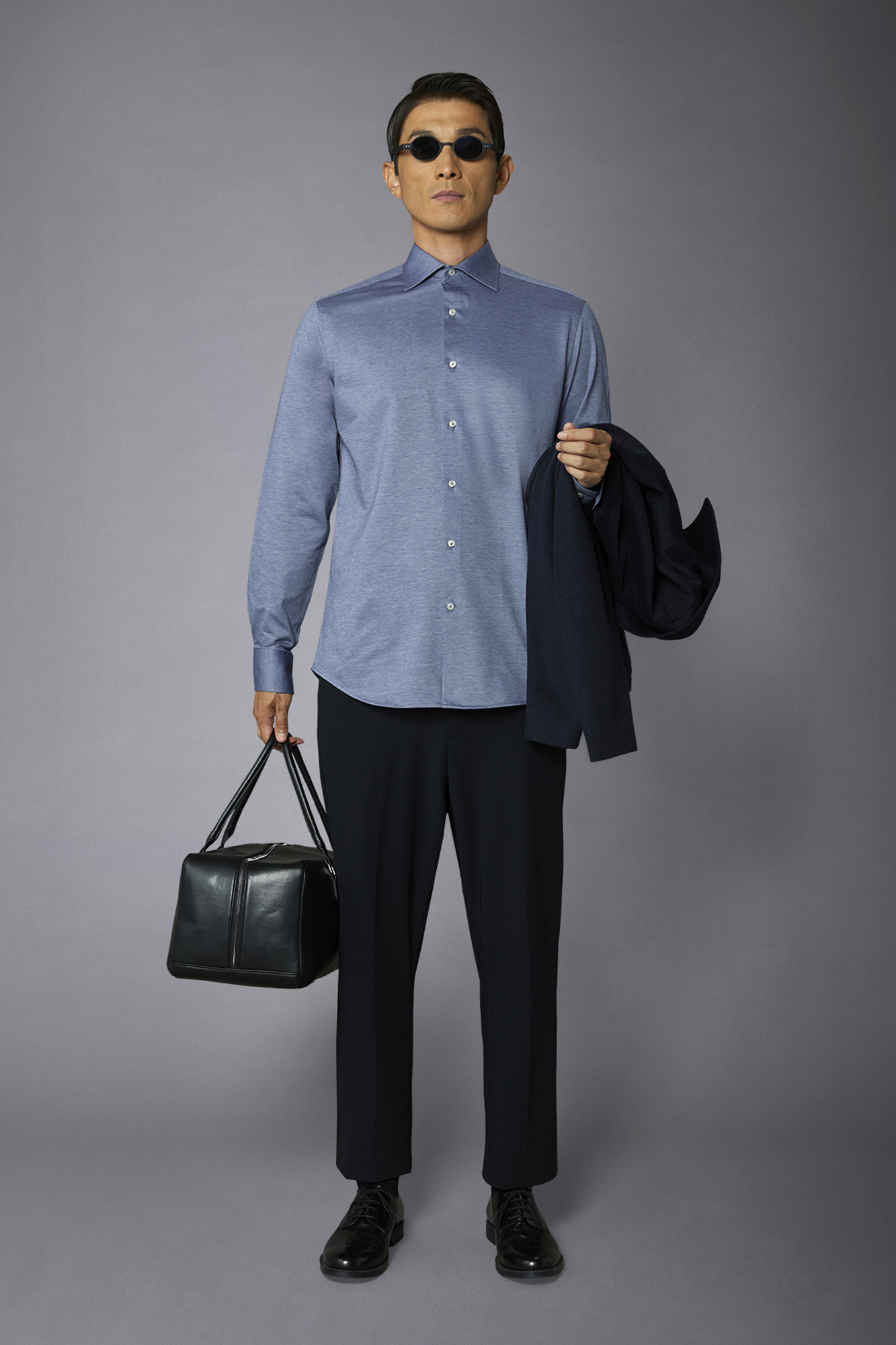 Klassisches geschlechtsloses Jersey-Shirt Französischer Kragen Bequeme Passform Bedruckter Melange-Stoff image number null