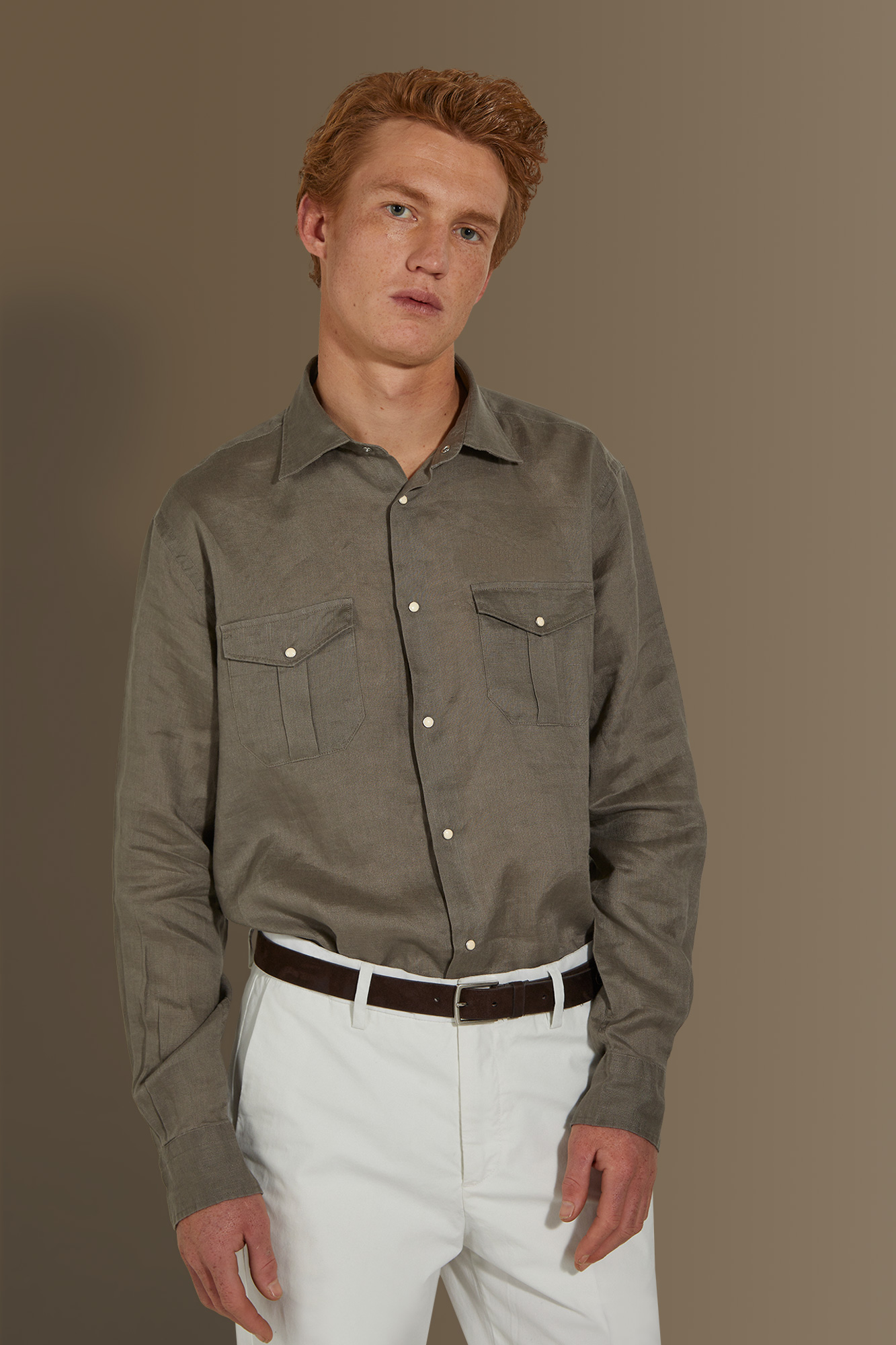 Camicia casual uomo collo francese 100% lino tinta unita image number null