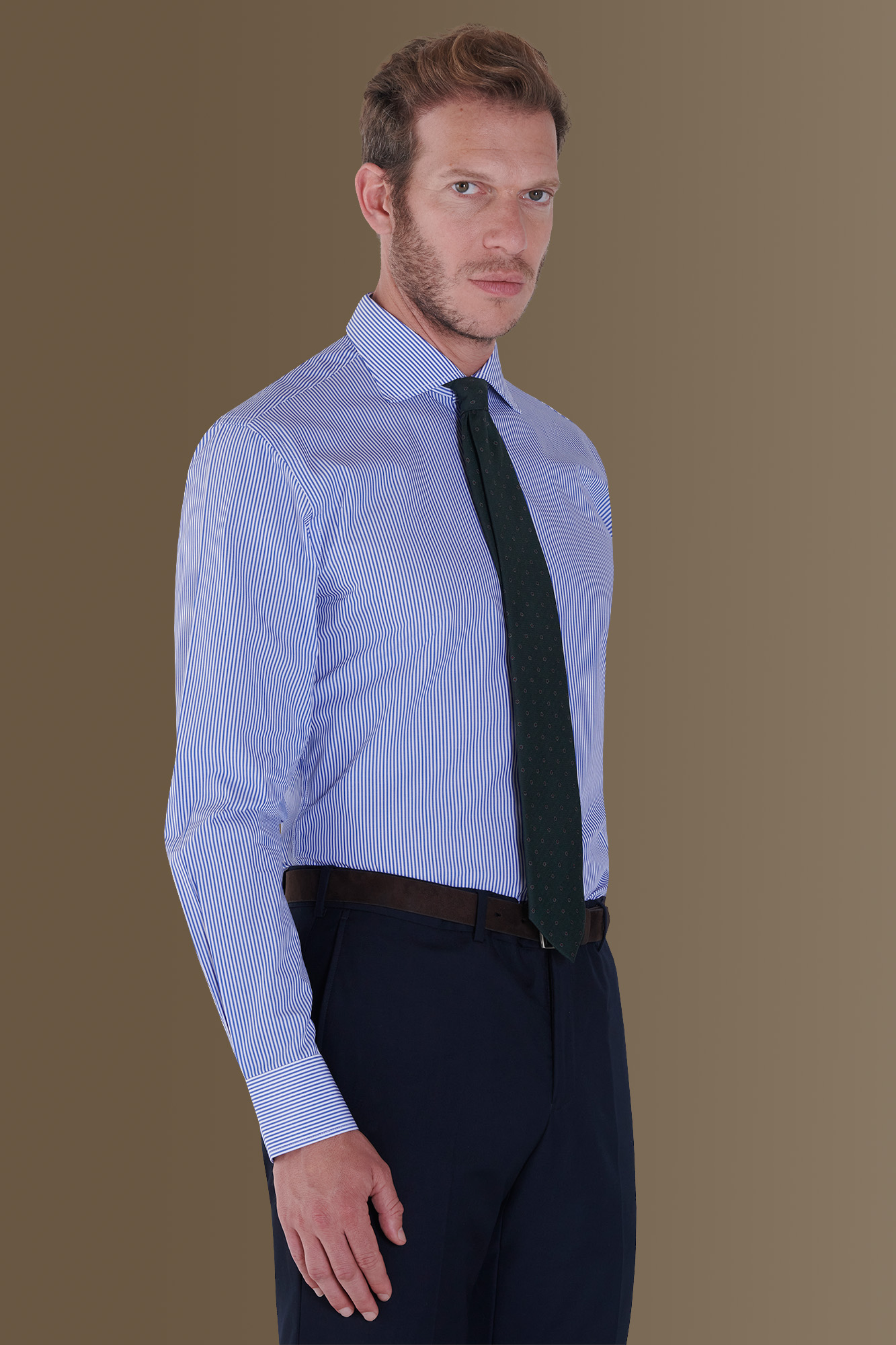 Camicia classica uomo collo francese 100% cotone tinto filo a righe bicolori image number 0