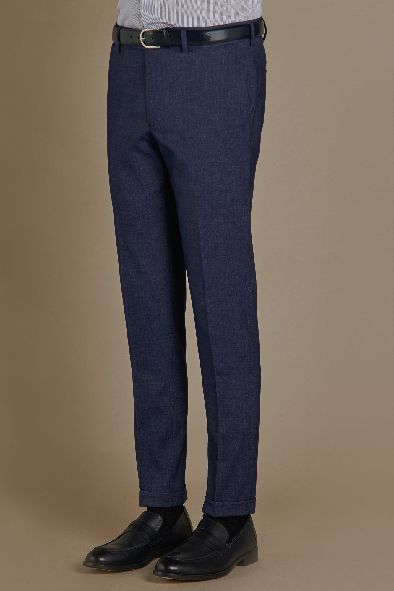 Single-breasted chambray effect suit and trousers with turn up image number null