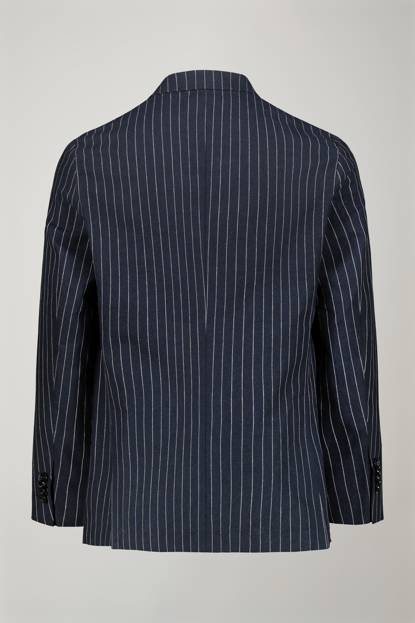 Men's unlined double-breasted blazer with spread collar and flap pockets linen and cotton fabric with regular fit pinstripe design image number null