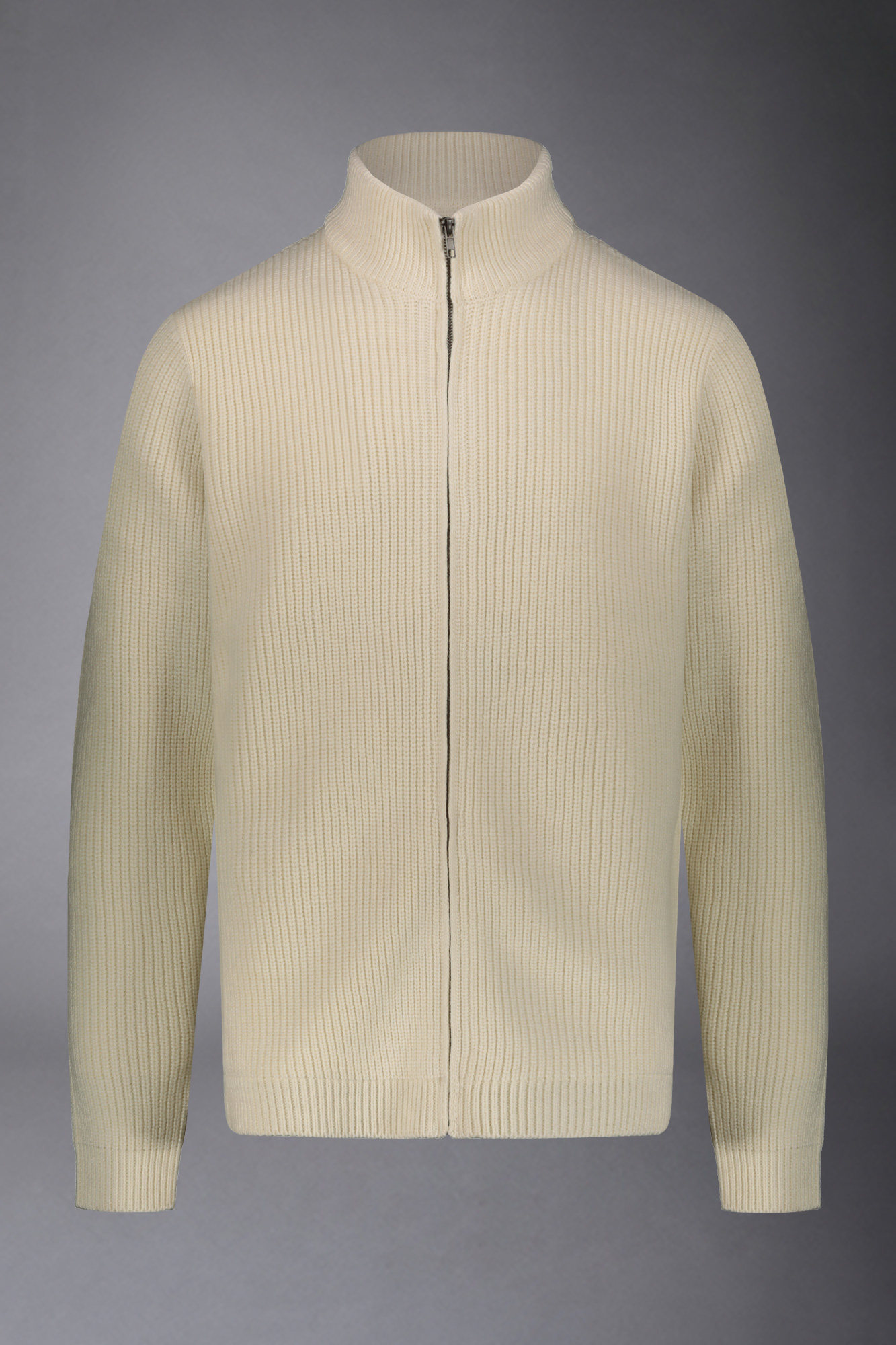 Cardigan zippé à col montant en laine mélangée à côtes anglaises, coupe régulière image number null