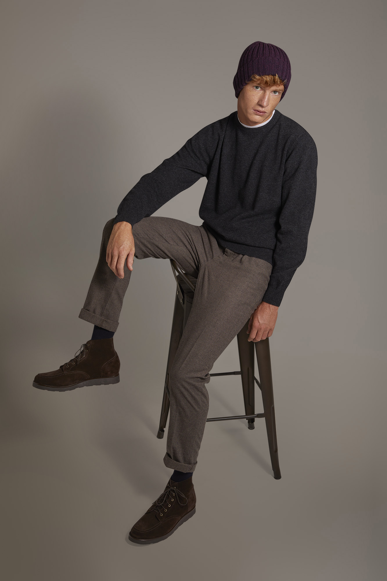 Regular fit chino trousers in pied de poule yarn-dyed fabric