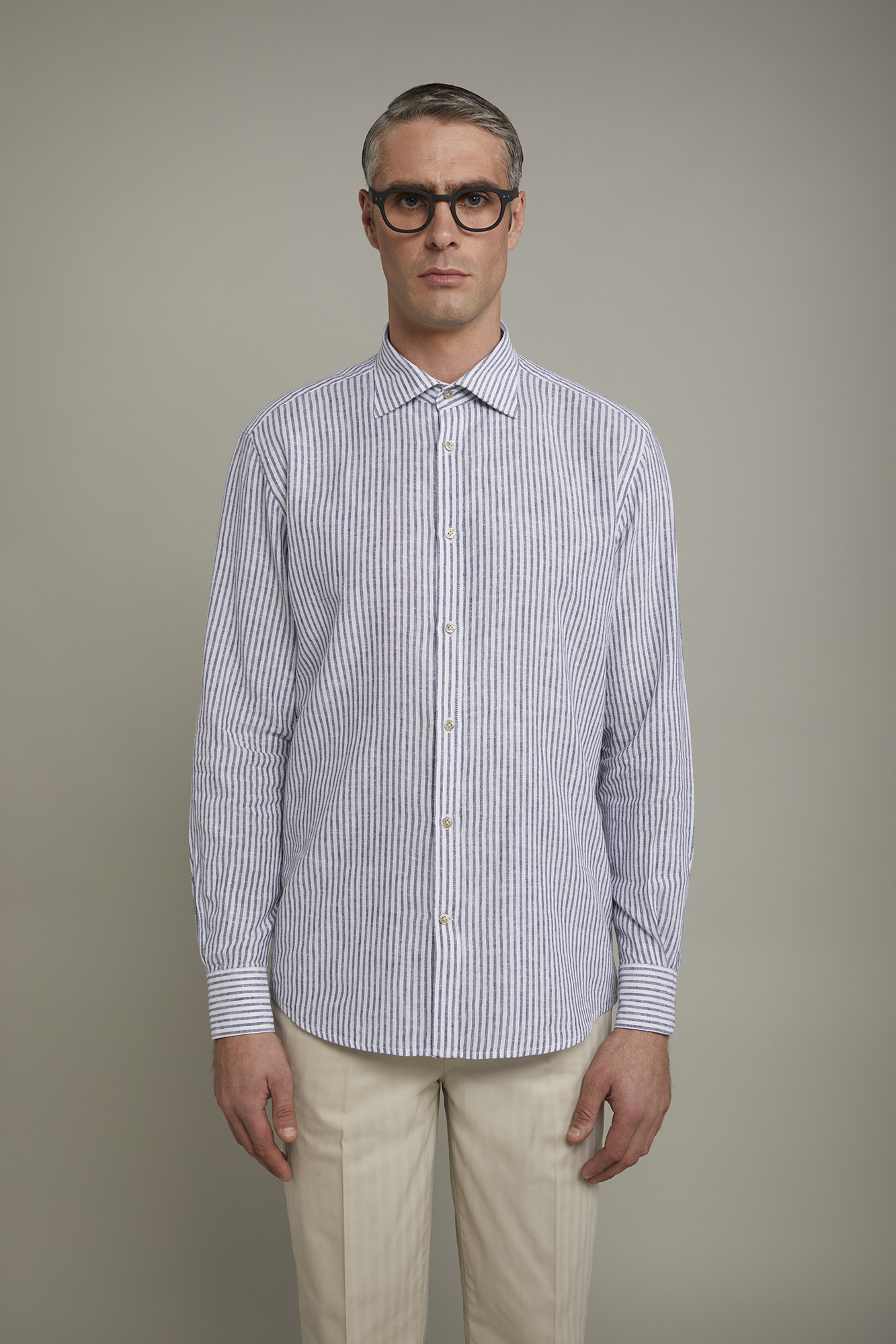 Camicia Uomo In Lino E Cotone A Righe – Slim Fit, Collo Classico, Manica Lunga, Elegante Ed Estiva